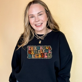 Online Exclusive | Thankful, Grateful, Blessed with Cheetah Print Outline Graphic Sweatshirt in Multiple Color Options Flattering Cut Premium Cotton Blend