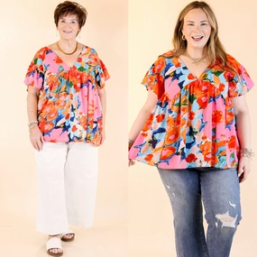 Casual Sophistication Eco-Friendly Choice You Had Me At Aloha Watercolor Floral Top with V Neckline in Orange Mix