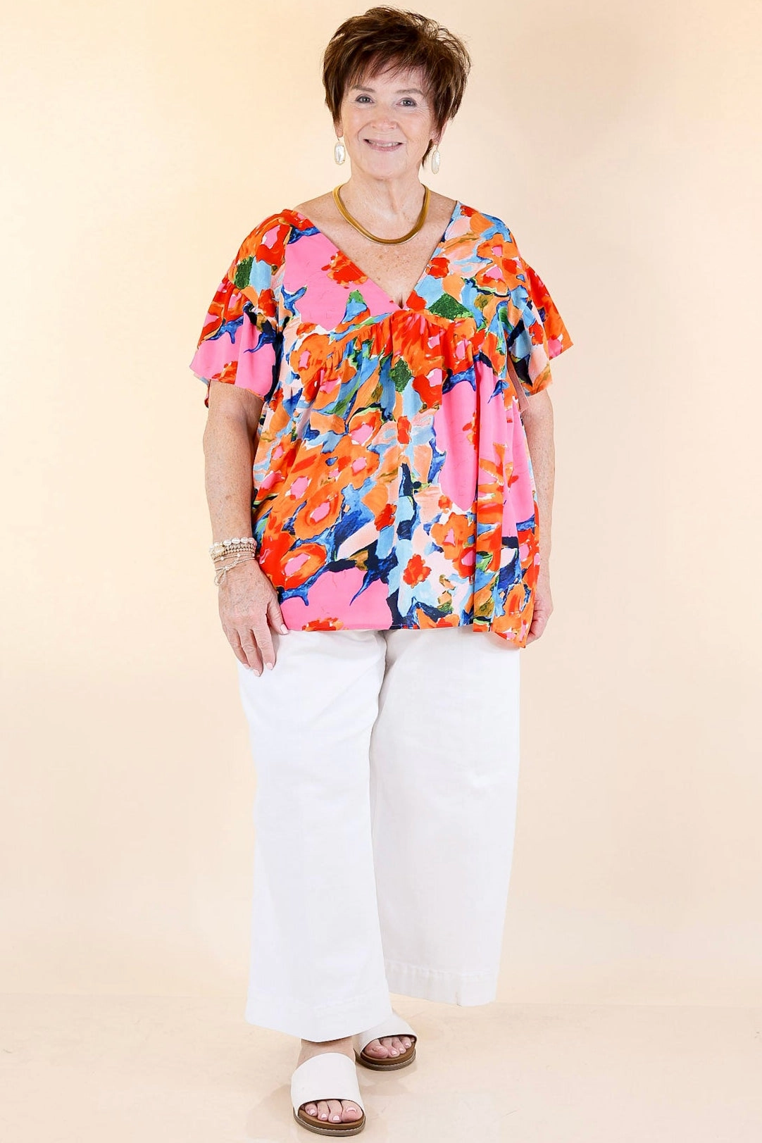 You Had Me At Aloha Watercolor Floral Top with V Neckline in Orange Mix EasyCare Fabric Active Fit
