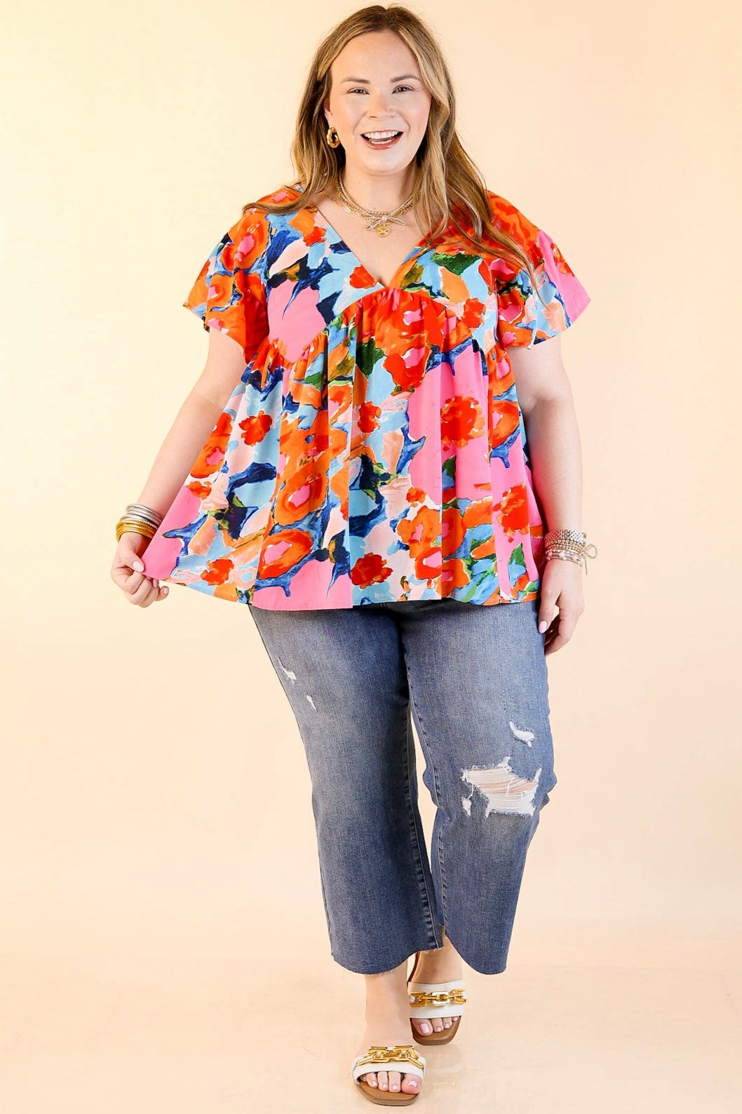 You Had Me At Aloha Watercolor Floral Top with V Neckline in Orange Mix Eco Friendly Production Chilly Day Wear
