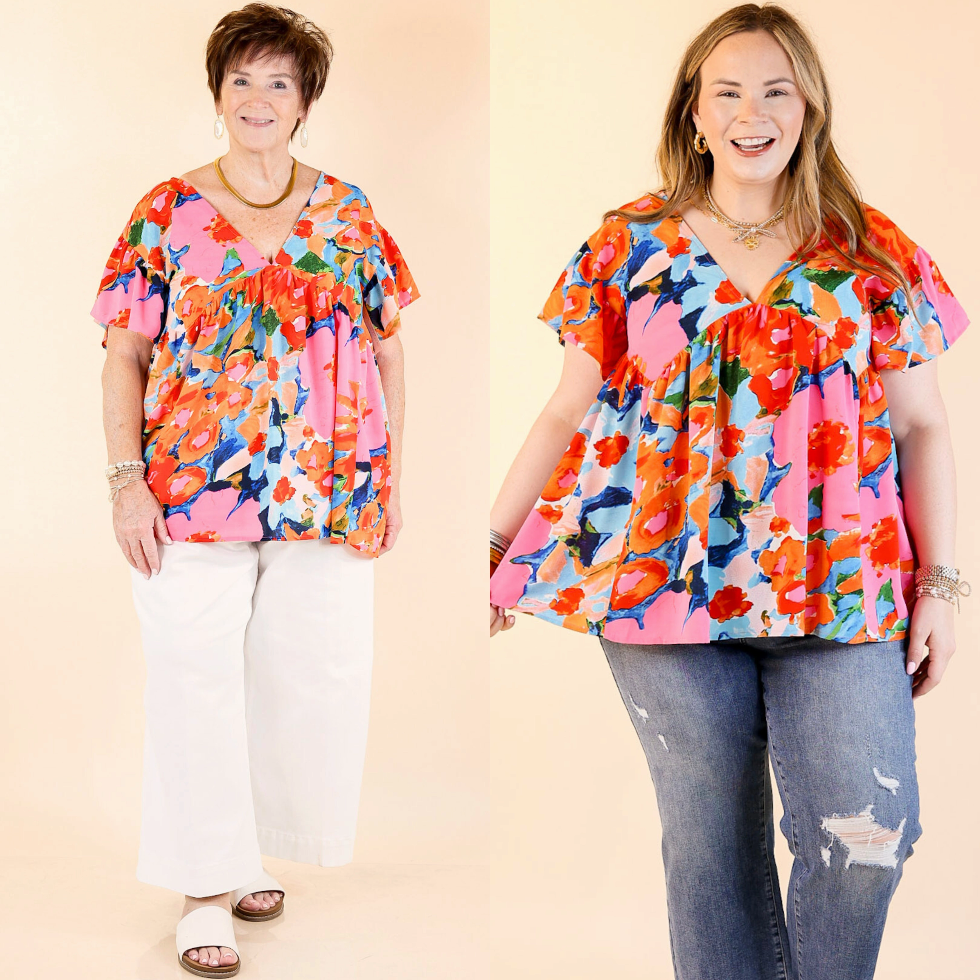 Casual Sophistication Eco-Friendly Choice You Had Me At Aloha Watercolor Floral Top with V Neckline in Orange Mix