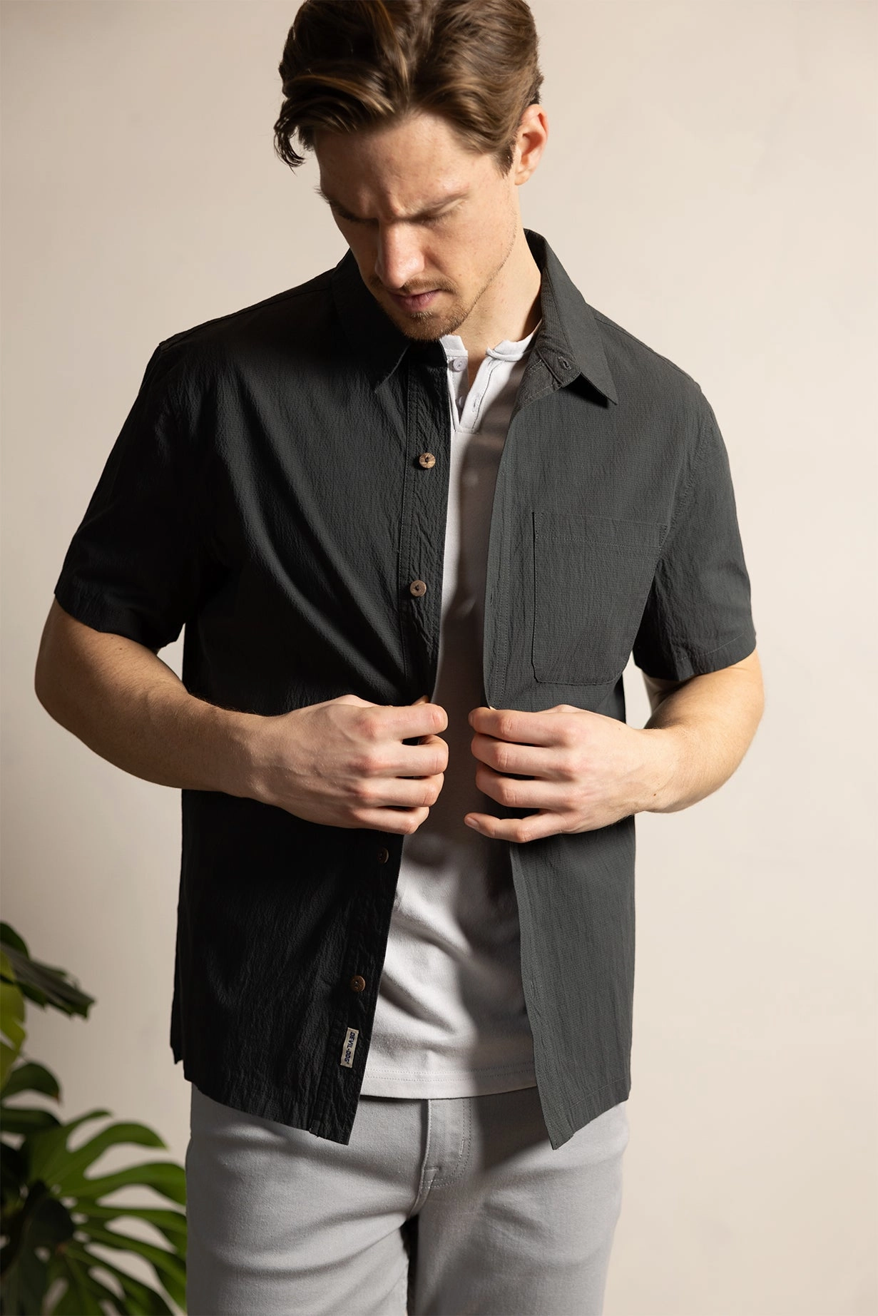 Seersucker Short Sleeve Shirt - Pirate Black Sporty Hoodie