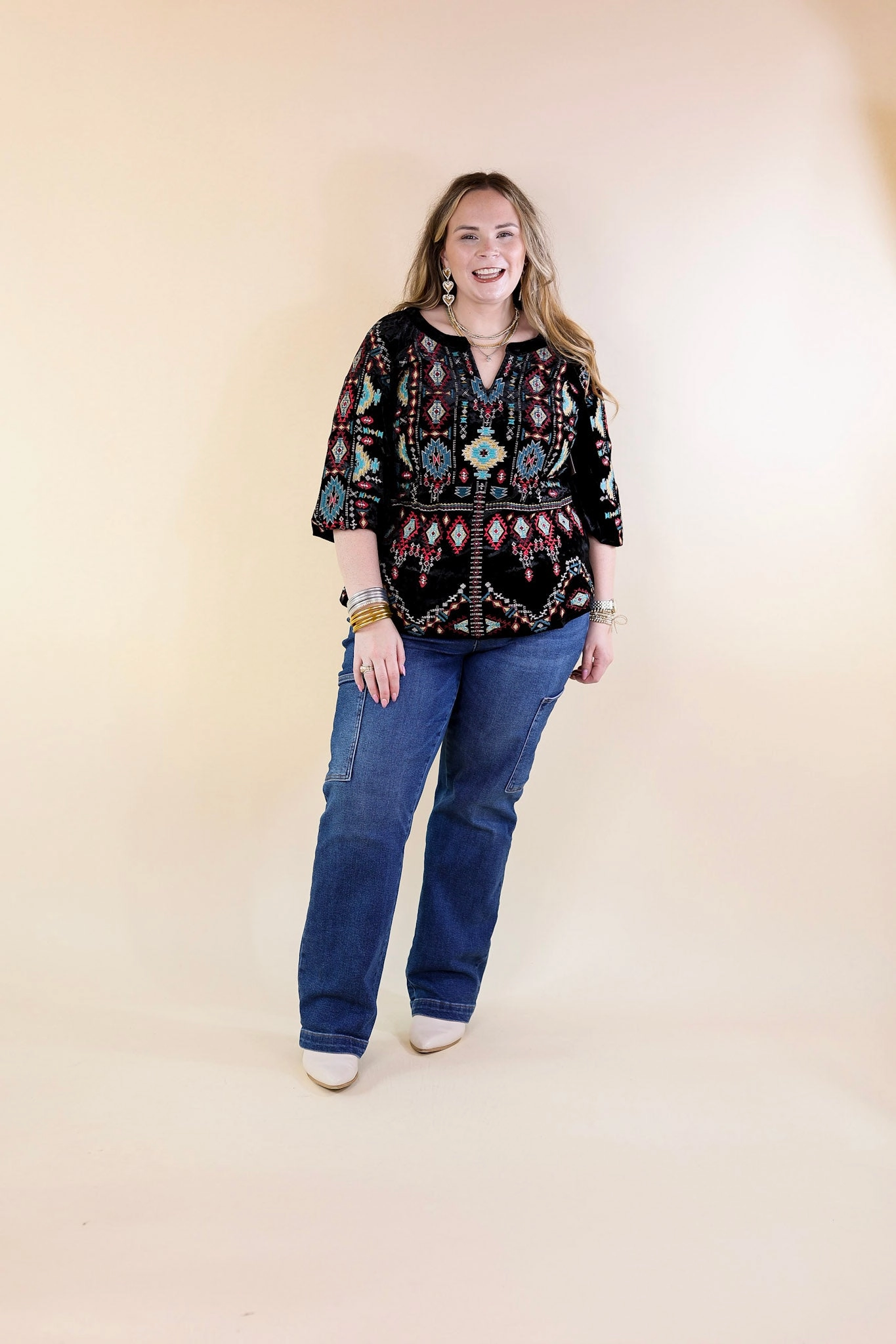 Divine Life Aztec Embroidered Velvet Top with 3/4 Sleeves in Black Garment Washed Sustainable Textile