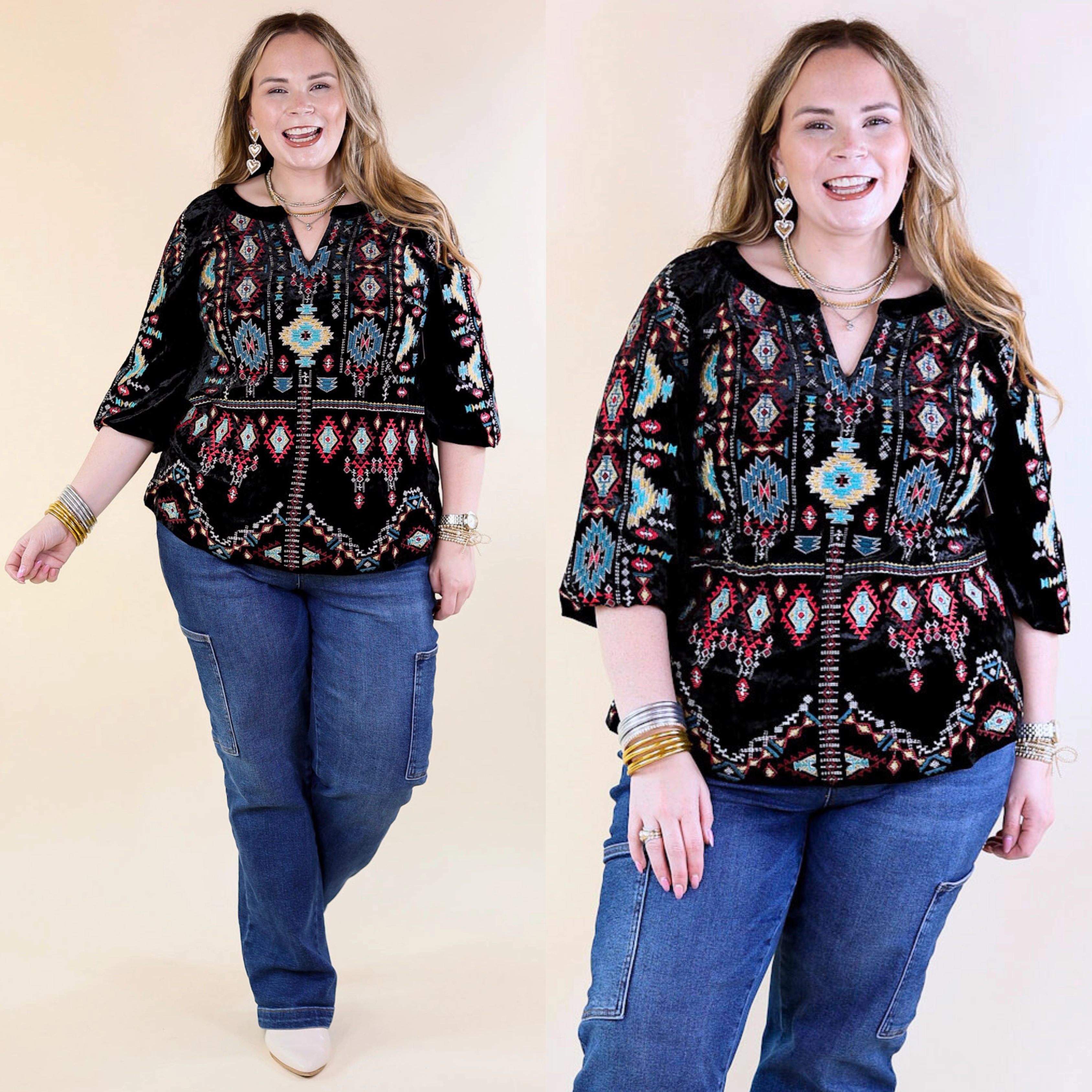 Wrinkle Resistant Textile Divine Life Aztec Embroidered Velvet Top with 3/4 Sleeves in Black
