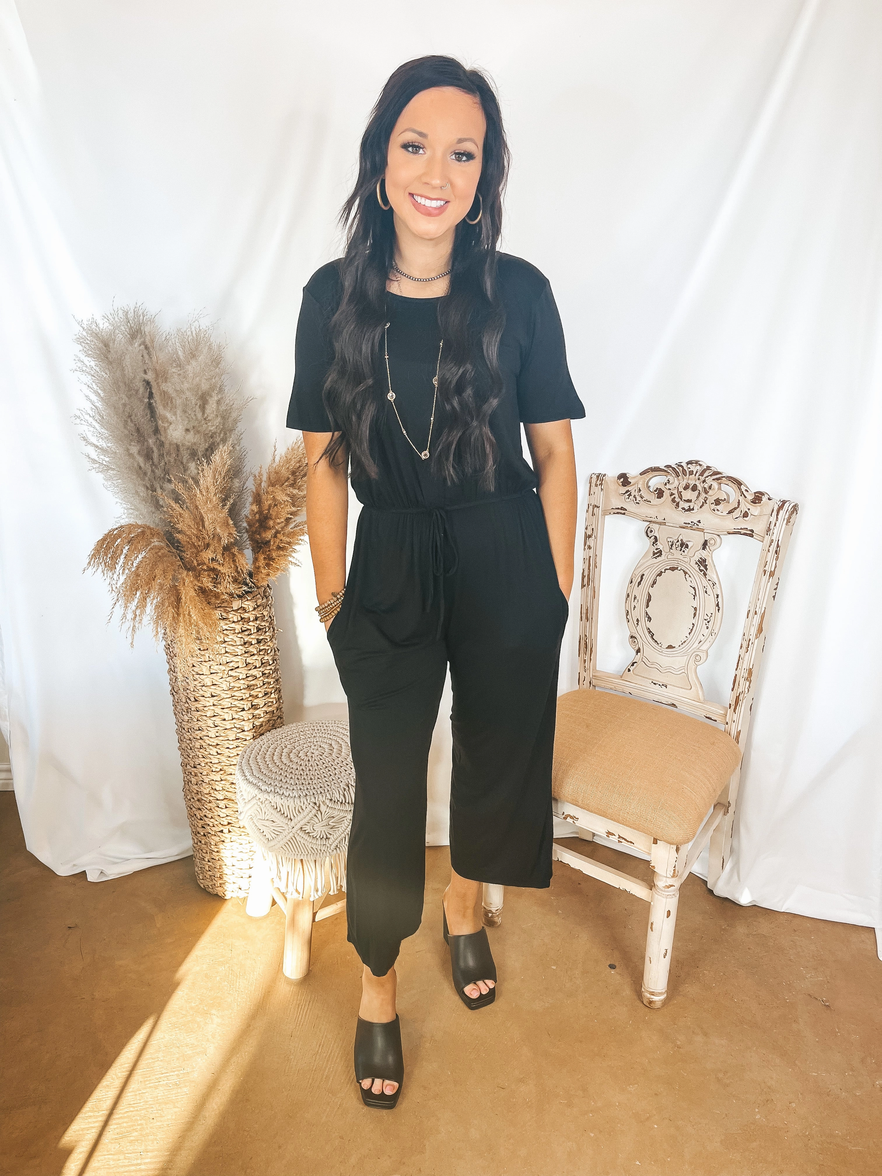 Office Glam Keep My Love Short Sleeve Jumpsuit Romper with Drawstring Waist in Black