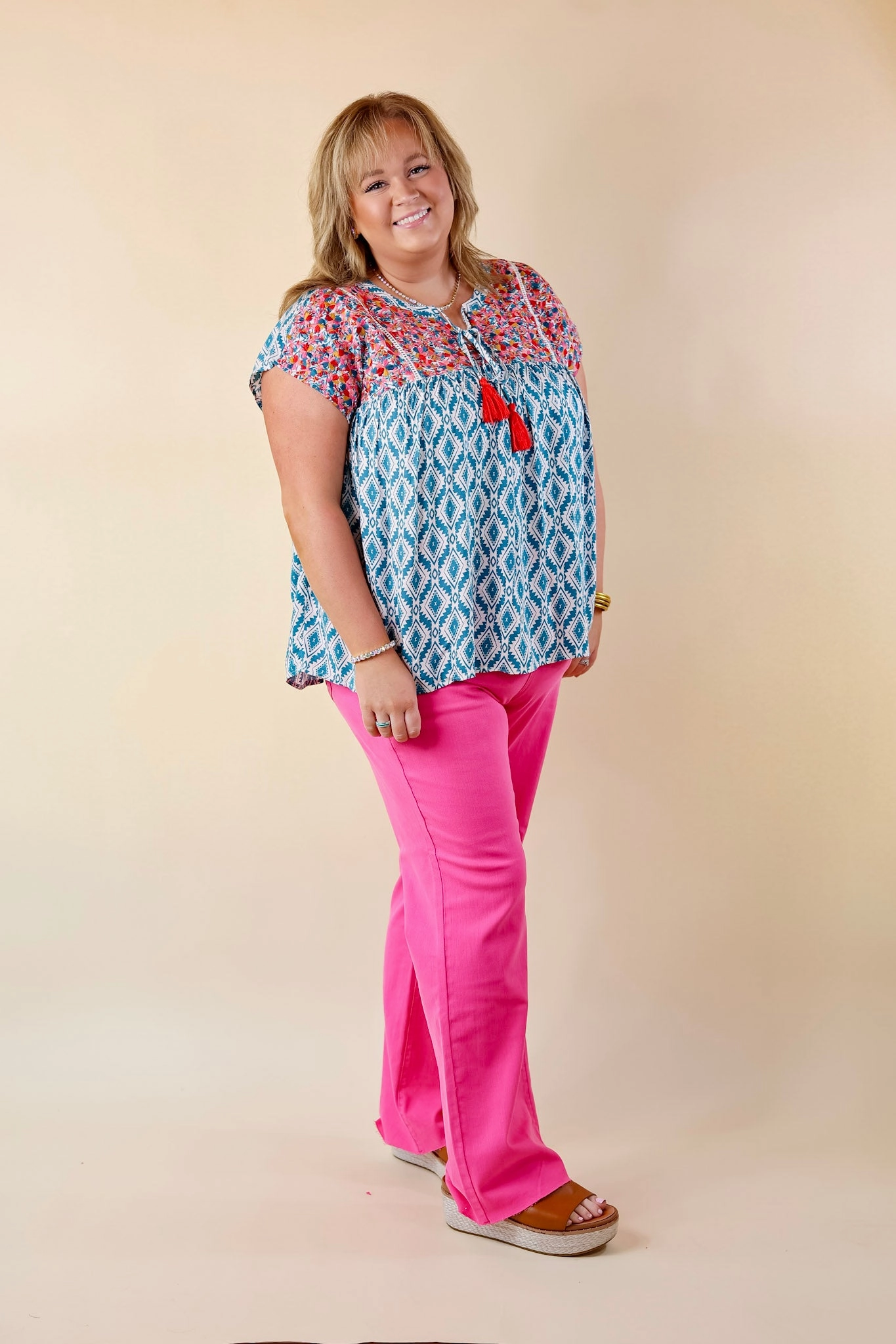 Last Chance Size Small | Fredericksburg In the Spring Aztec Print Embroidered Top with Front Keyhole in Turquoise Blue Stretch Knit Fabric