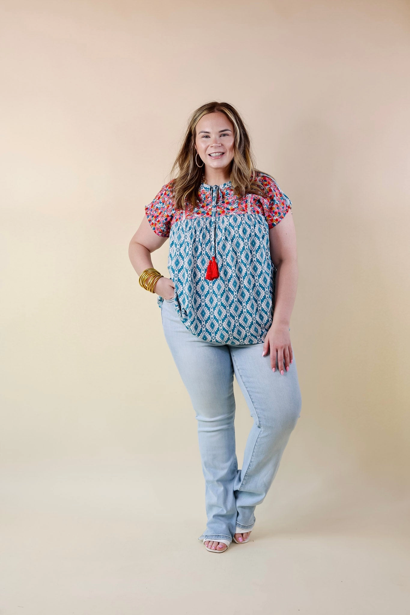 Last Chance Size Small | Fredericksburg In the Spring Aztec Print Embroidered Top with Front Keyhole in Turquoise Blue Hidden Zipper Closure