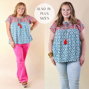 Last Chance Size Small | Fredericksburg In the Spring Aztec Print Embroidered Top with Front Keyhole in Turquoise Blue Everyday Look