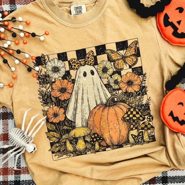 warm weather Online Exclusive | Checker Ghost Floral Graphic on Short Sleeve Comfort Color Tee in Mustard Yellow