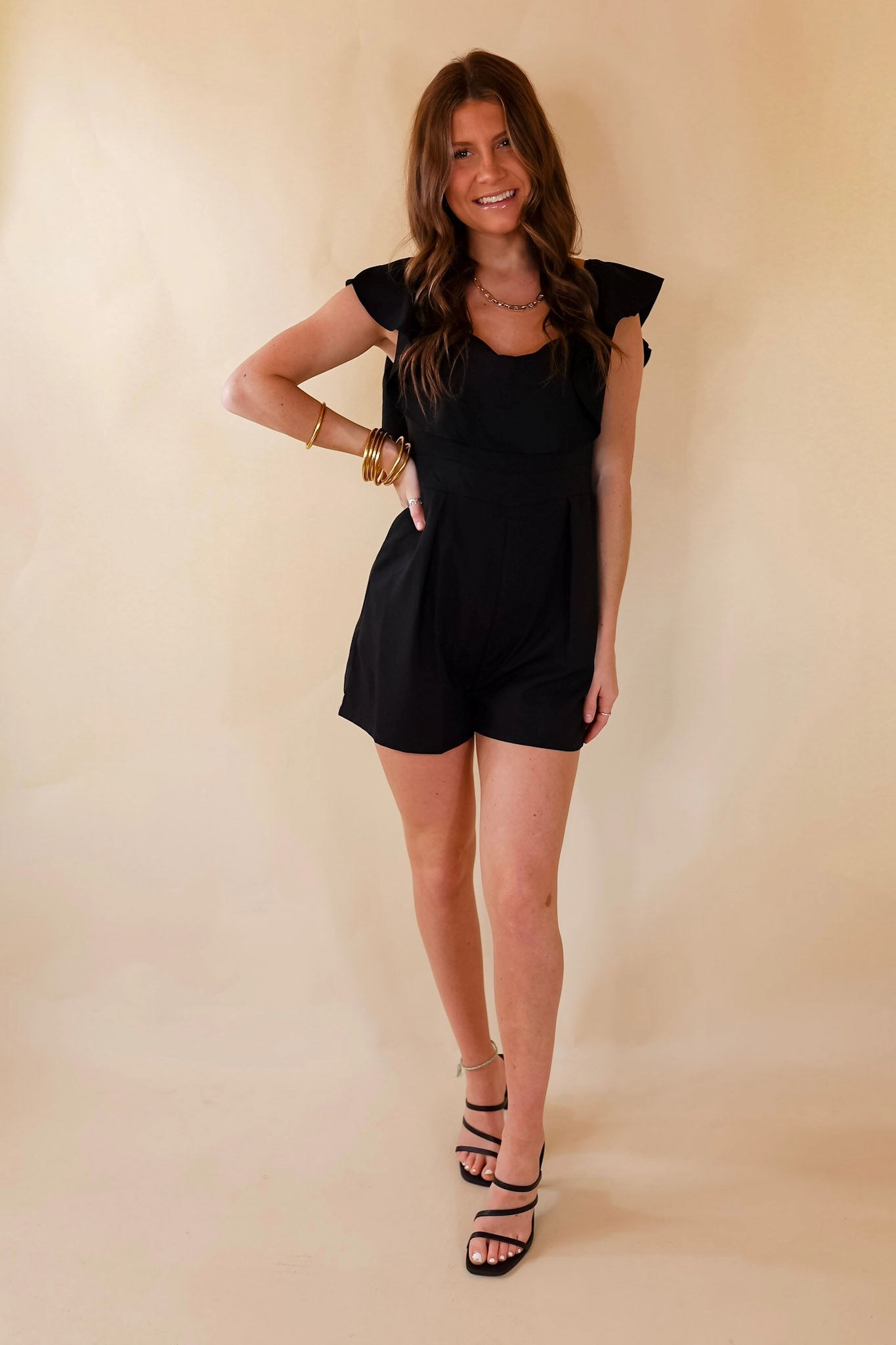Charmingly Cute Ruffle Upper Romper in Black Fashion Design
