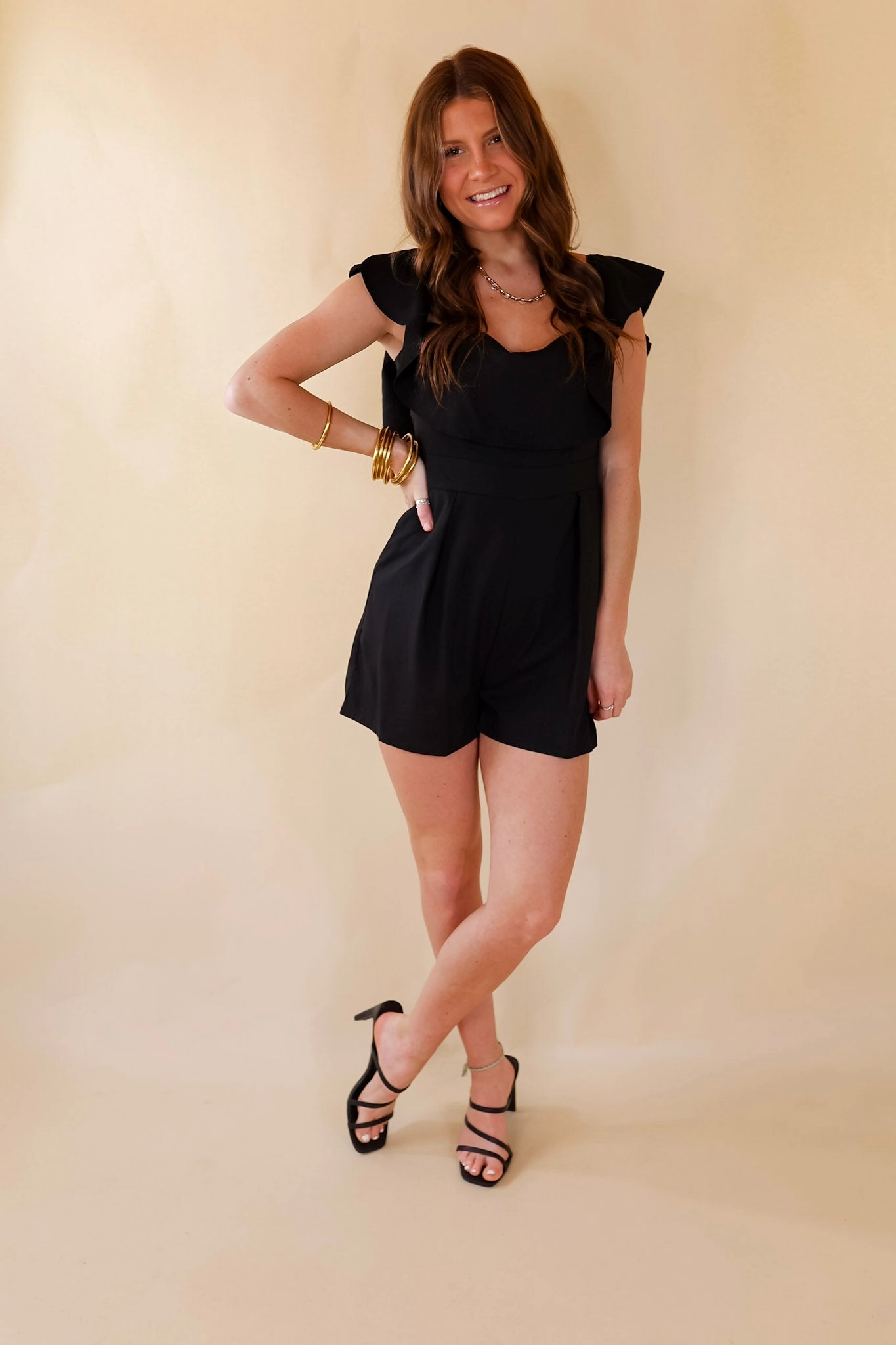 Wild Mood SustainableYarnBlend Charmingly Cute Ruffle Upper Romper in Black