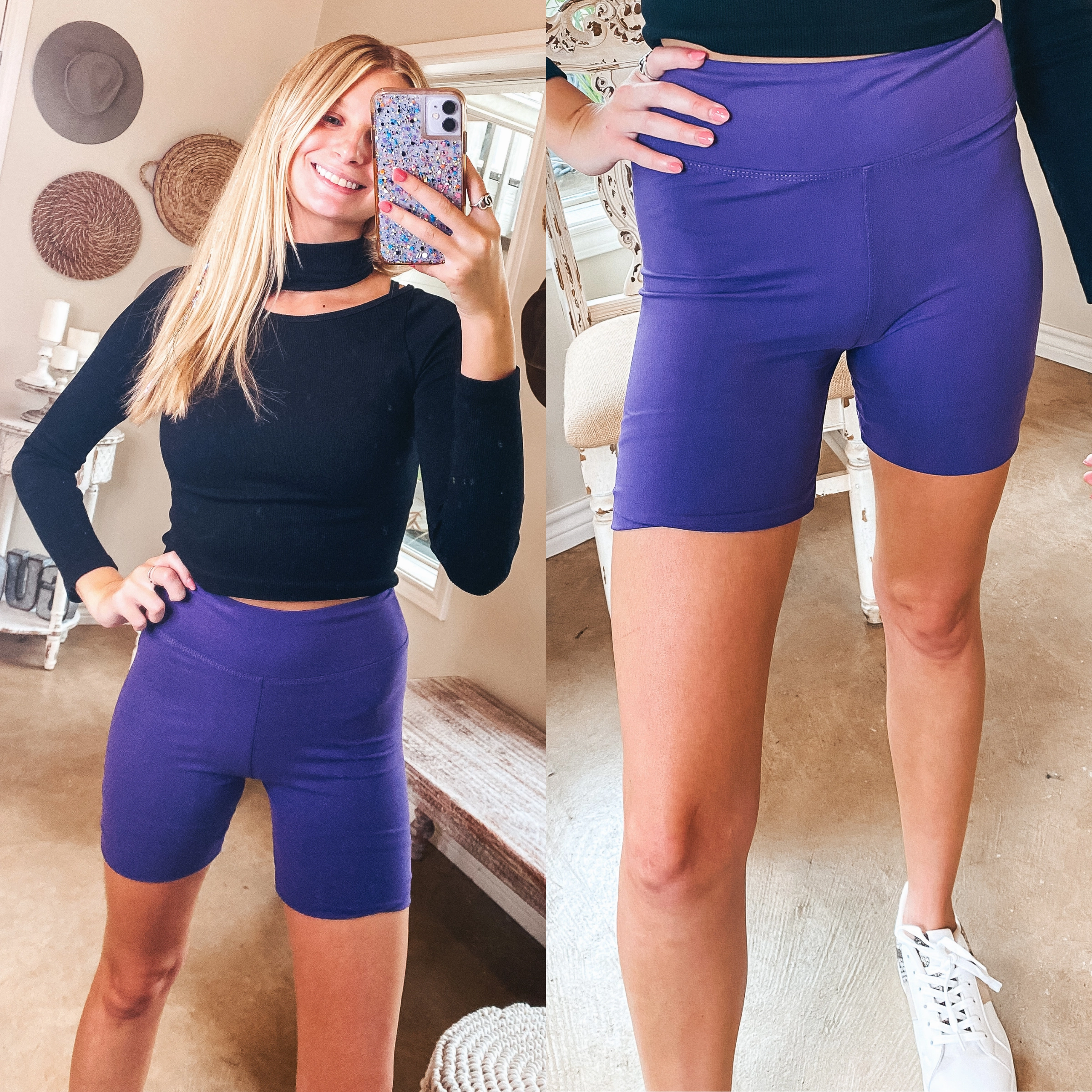 Finish Strong High Waist Biker Shorts in Purple DoubleLayered Structure Statement Wear