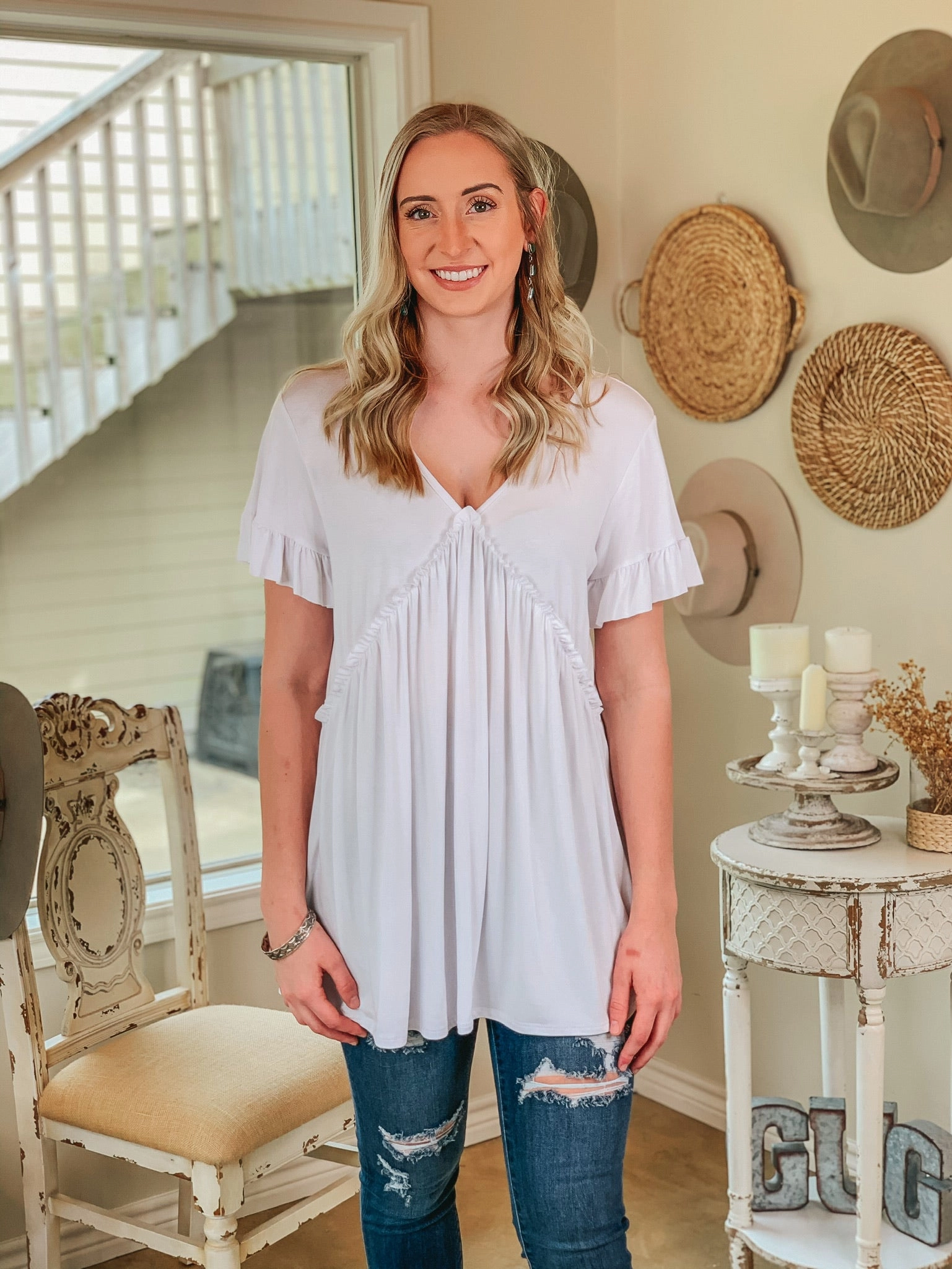 Upon Request Ruffle Detailed Short Sleeve Babydoll Top in White Comfort Wear