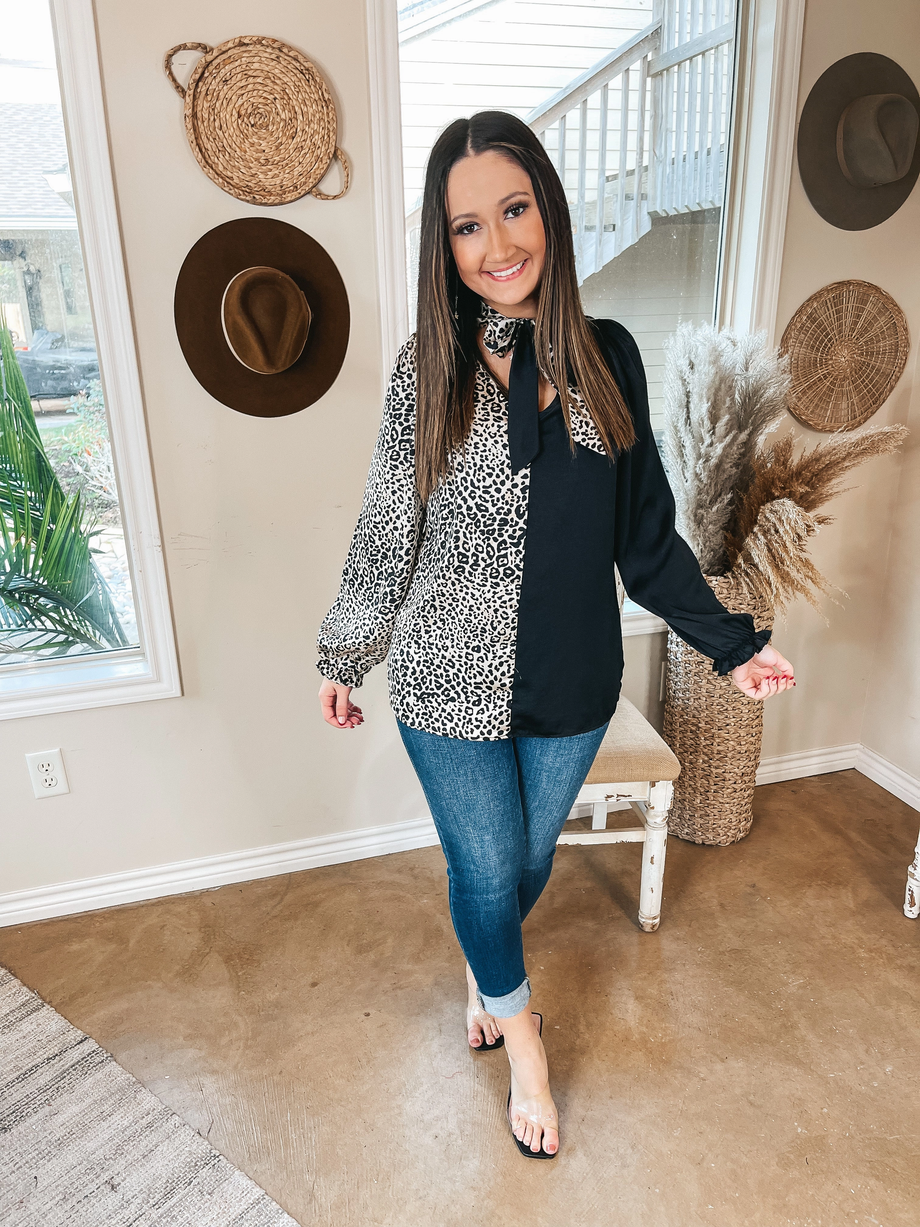 EcoFriendlyProduction Last Chance Size Small, 2XL, 3XL | Caught In A Moment Half Leopard Print Half Solid Keyhole Neckline Blouse in Black