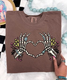 Online Exclusive | Skeleton Heart Hands Graphic on Short Sleeve Comfort Color Tee in Espresso Brown Washable fabric