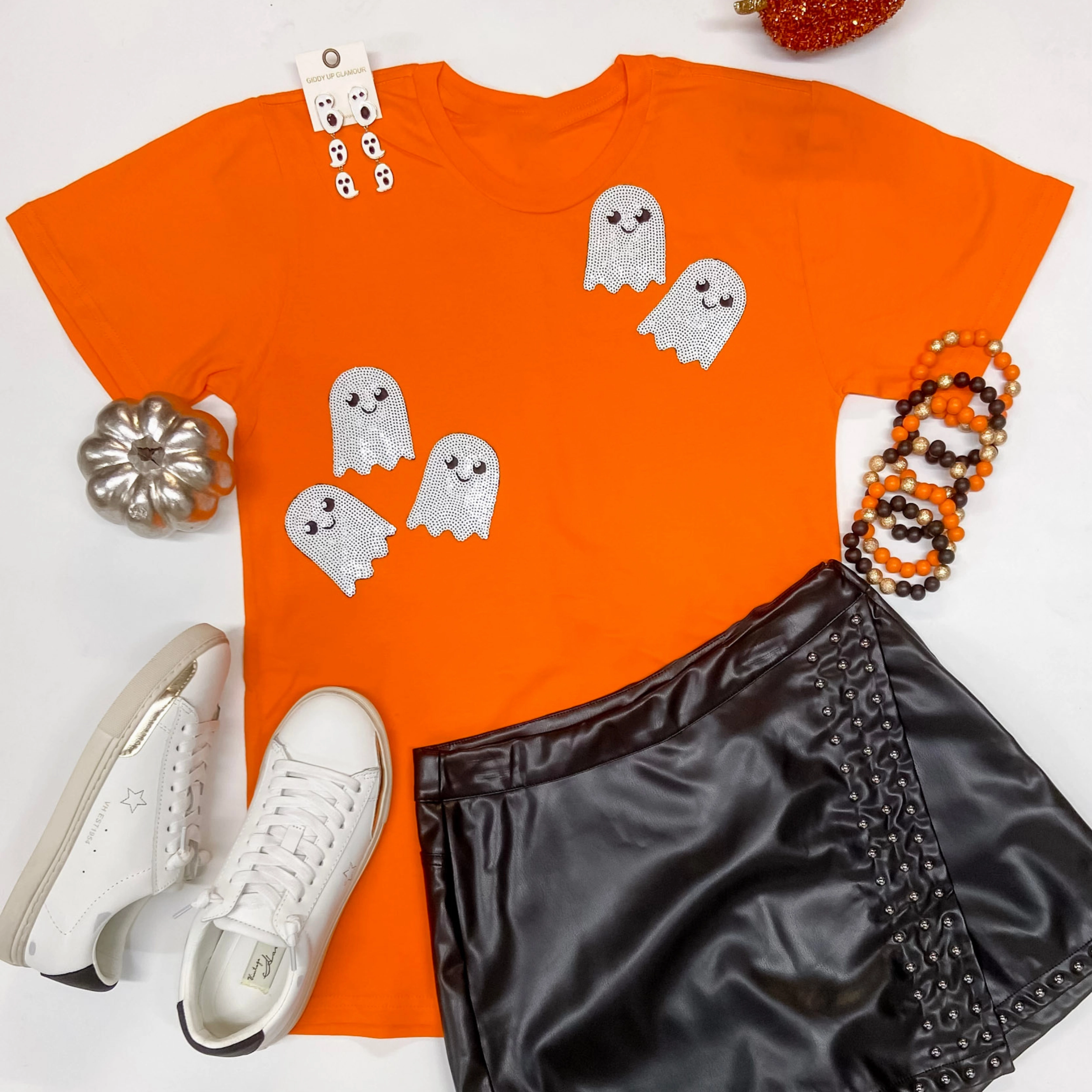 Light Sweatshirt Sustainable Base Not A Scare In The World Sequin Ghost Short Sleeve Graphic Tee in Orange