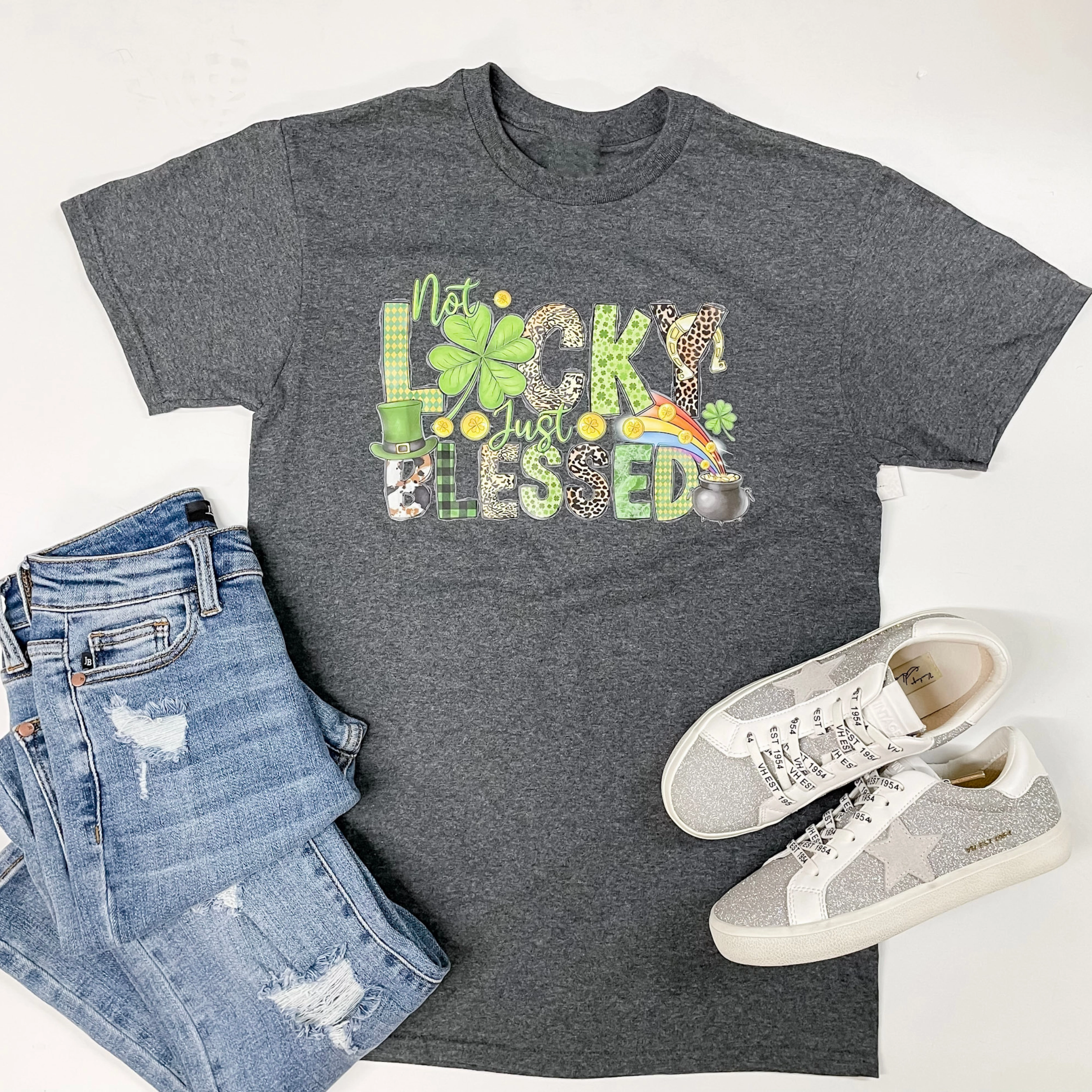 Not Lucky Just Blessed Short Sleeve Graphic Tee in Charcoal Grey Chic Design Minimalist Apparel