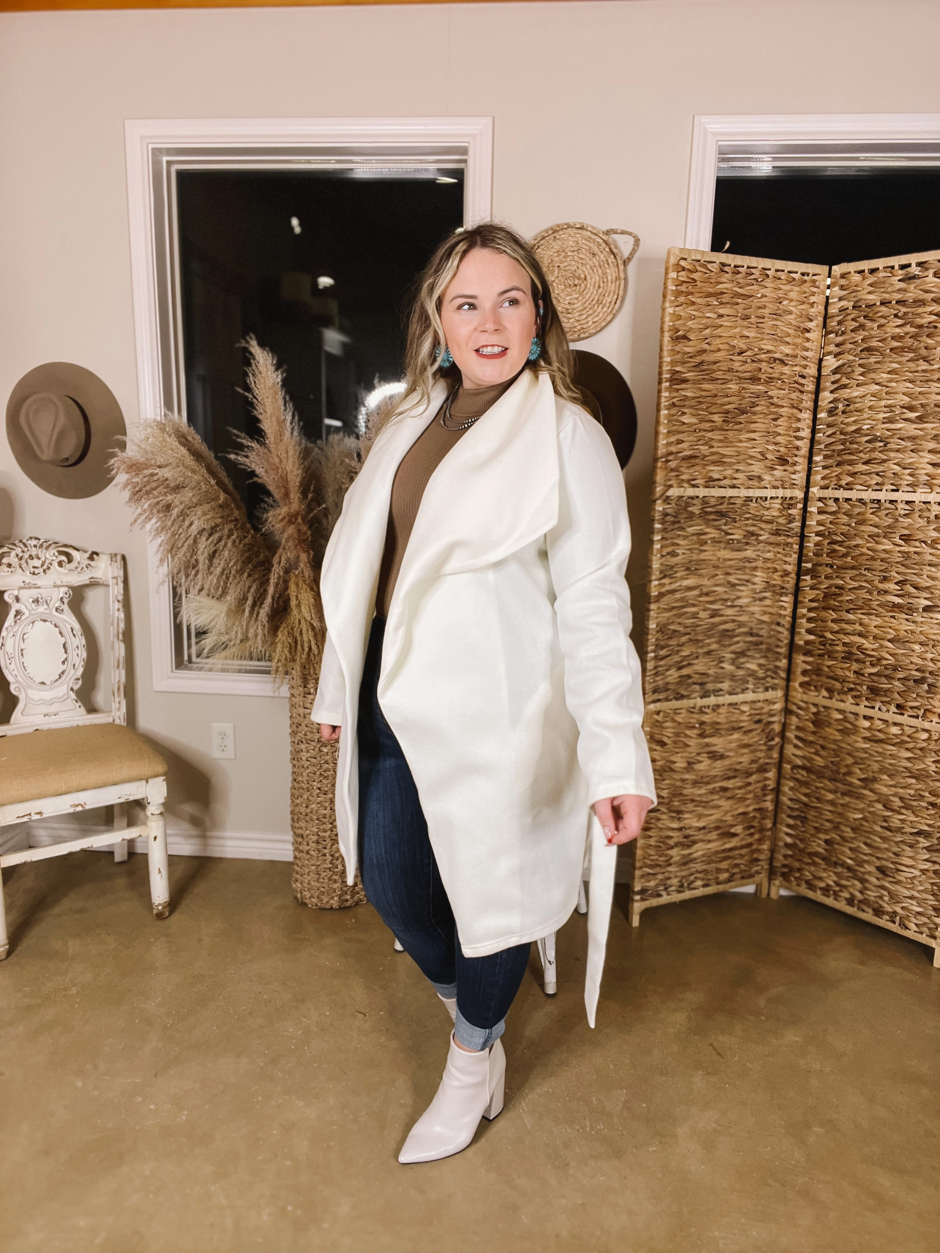 Suede Mood Effortless Fashion NYC Dreamer Open Front Jacket with Waist Tie in Off White