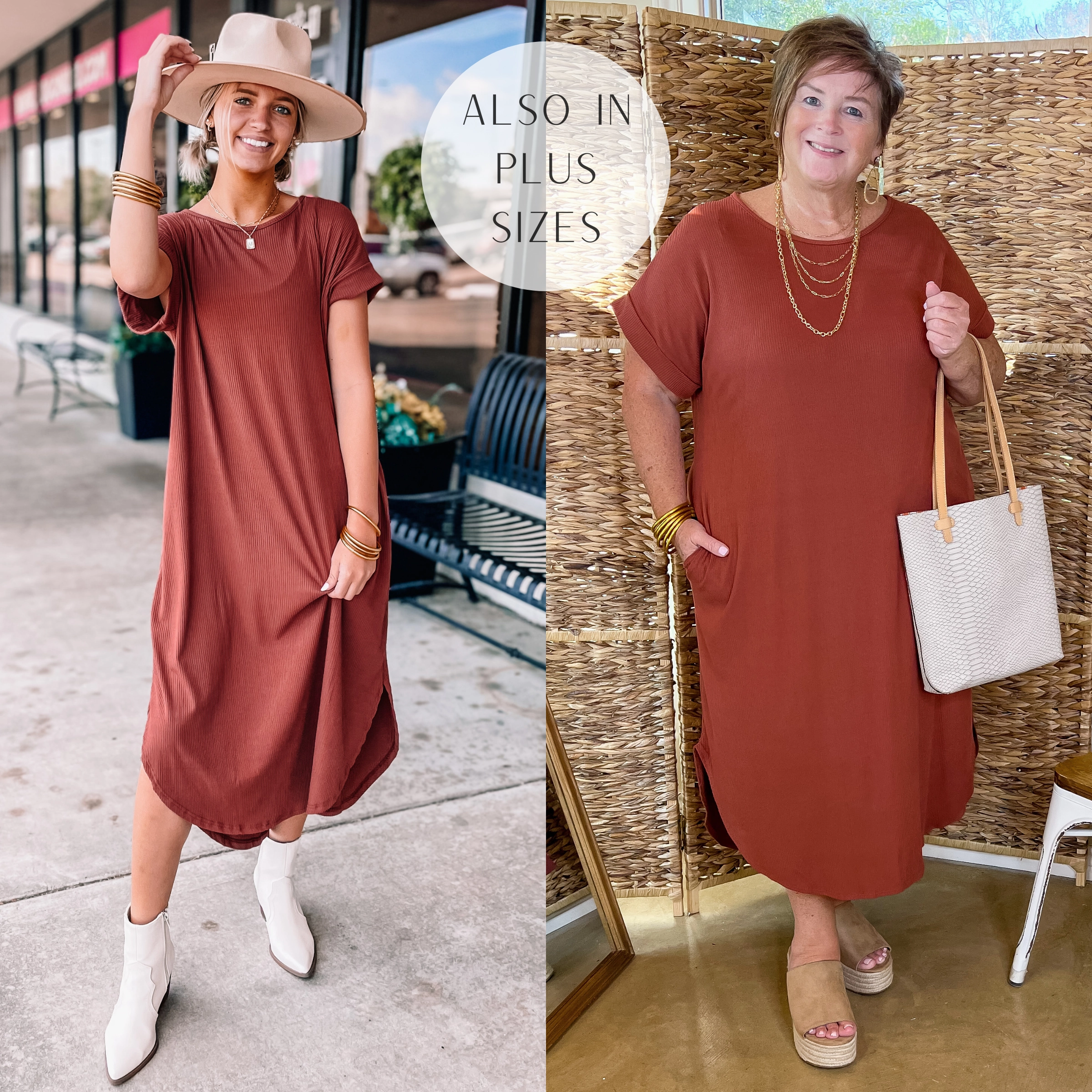 Chill Looks Short Sleeve Thin Ribbed Midi Dress in Cinnamon Red Relaxed trousers