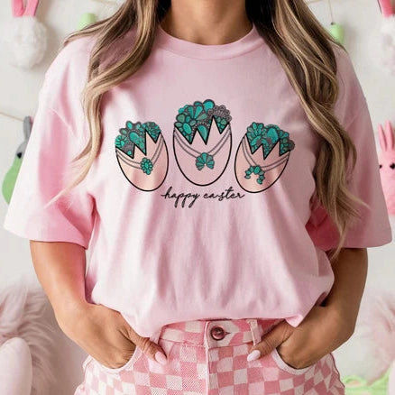 Effortless Wearable Comfy and Soft Online Exclusive | Concho and Turquoise Filled Easter Eggs Graphic Tee in Light Pink Tee