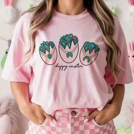 Multi Panel Design Online Exclusive | Concho and Turquoise Filled Easter Eggs Graphic Tee in Light Pink Tee