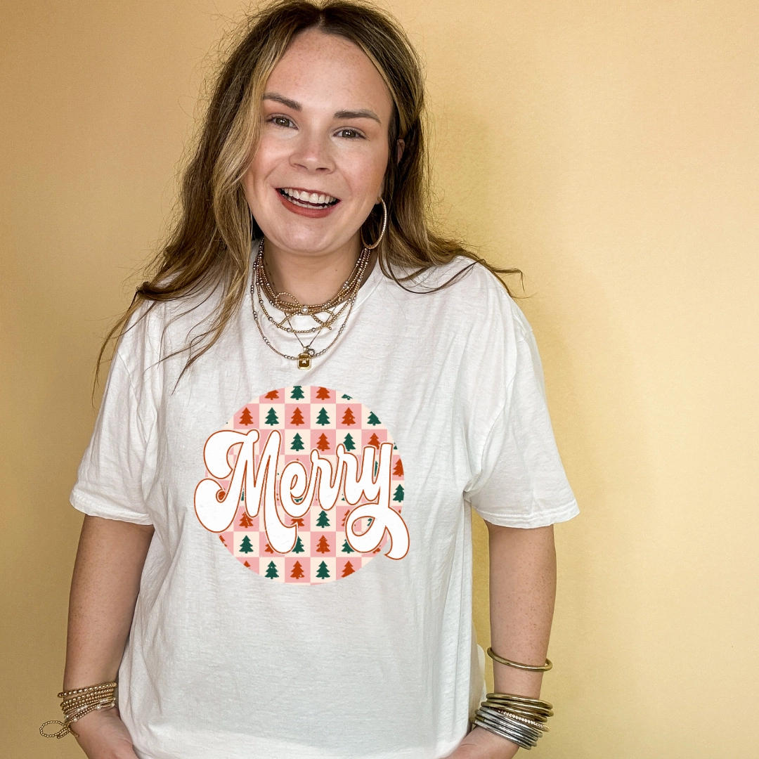 Light Flex Online Exclusive | Merry on a Christmas Tree Checkered Background Graphic Tee in Multiple Color Options