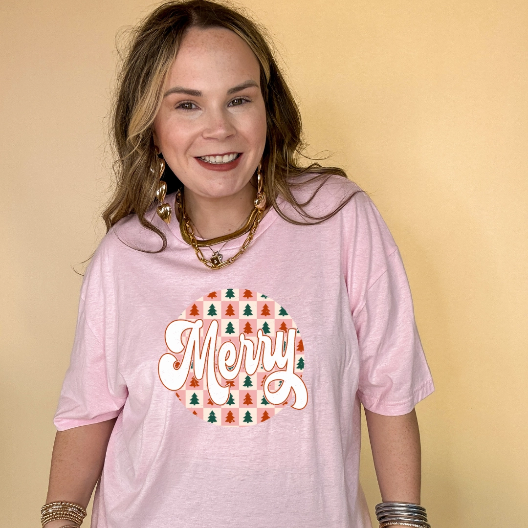 Online Exclusive | Merry on a Christmas Tree Checkered Background Graphic Tee in Multiple Color Options Stone Wash Process Plus size confidence