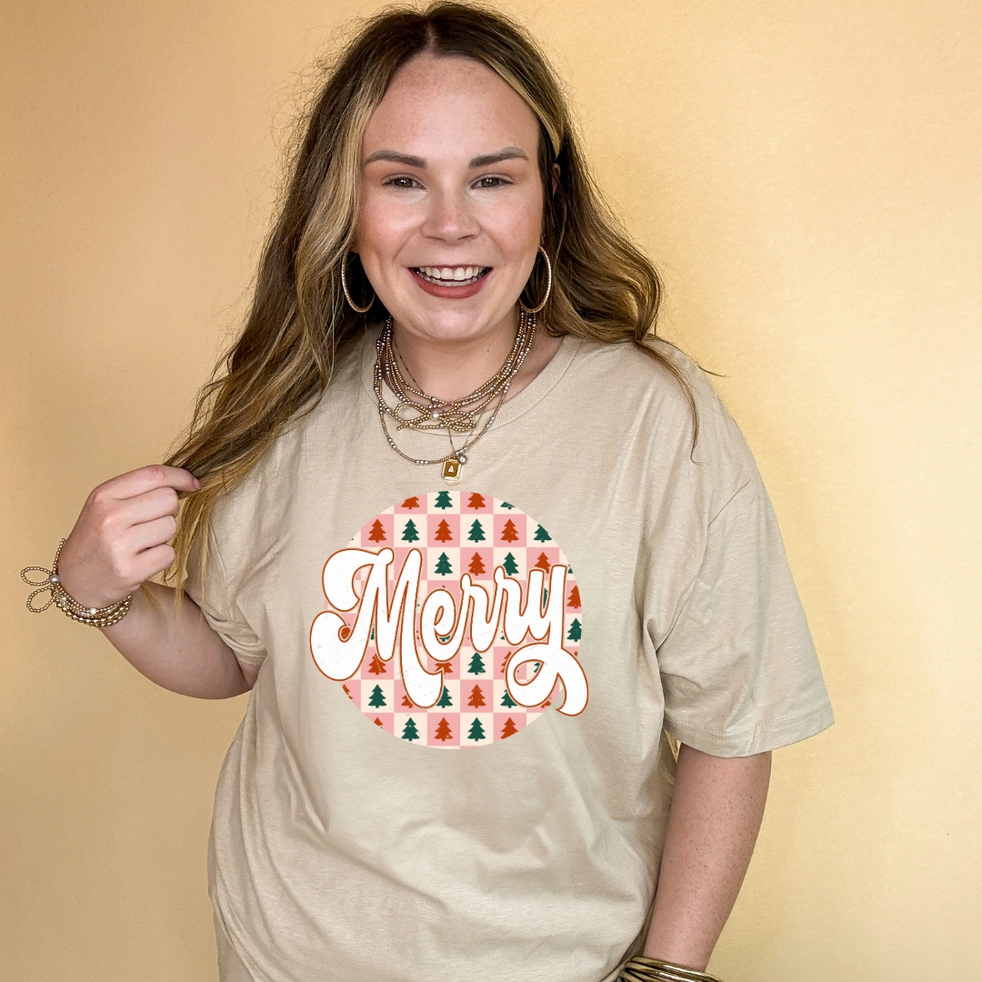 Outdoor Style Trend Soft Knit Online Exclusive | Merry on a Christmas Tree Checkered Background Graphic Tee in Multiple Color Options