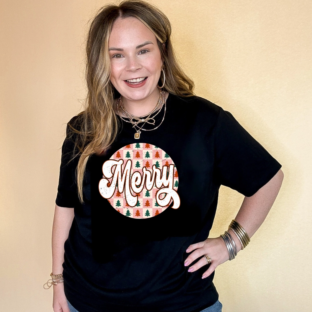 Skin Friendly Lining Online Exclusive | Merry on a Christmas Tree Checkered Background Graphic Tee in Multiple Color Options