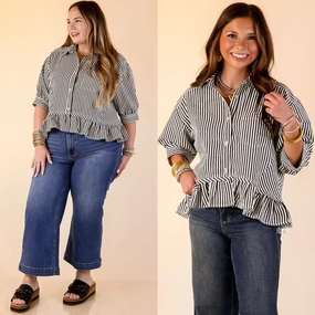 Style Agenda Striped Button Down Collared Top with Ruffle Peplum in Black youth trend Timeless Appeal