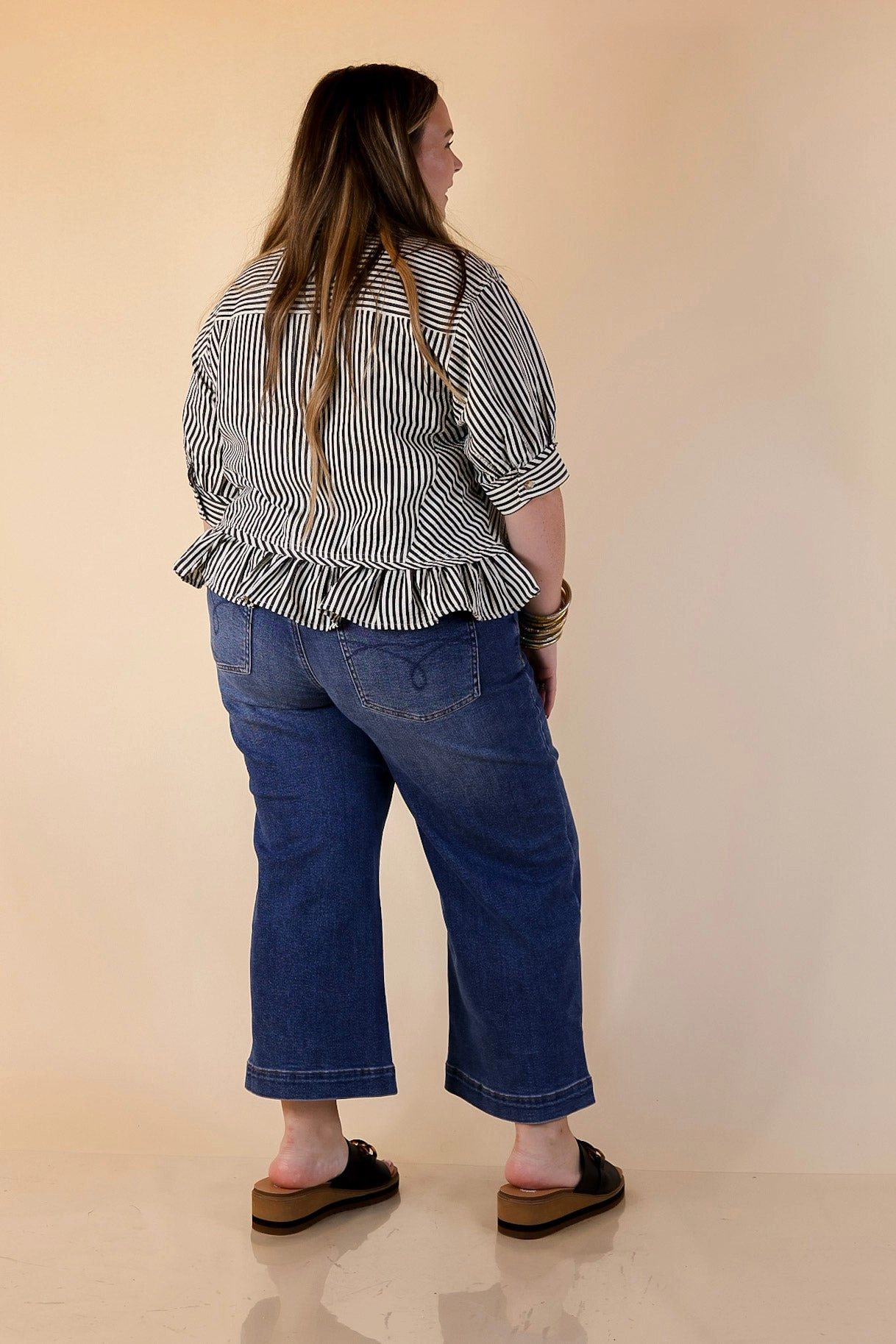 Style Agenda Striped Button Down Collared Top with Ruffle Peplum in Black Corporate Retreat