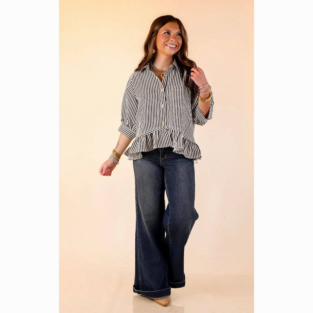 Style Agenda Striped Button Down Collared Top with Ruffle Peplum in Black sporty wear Durable Thread Construction