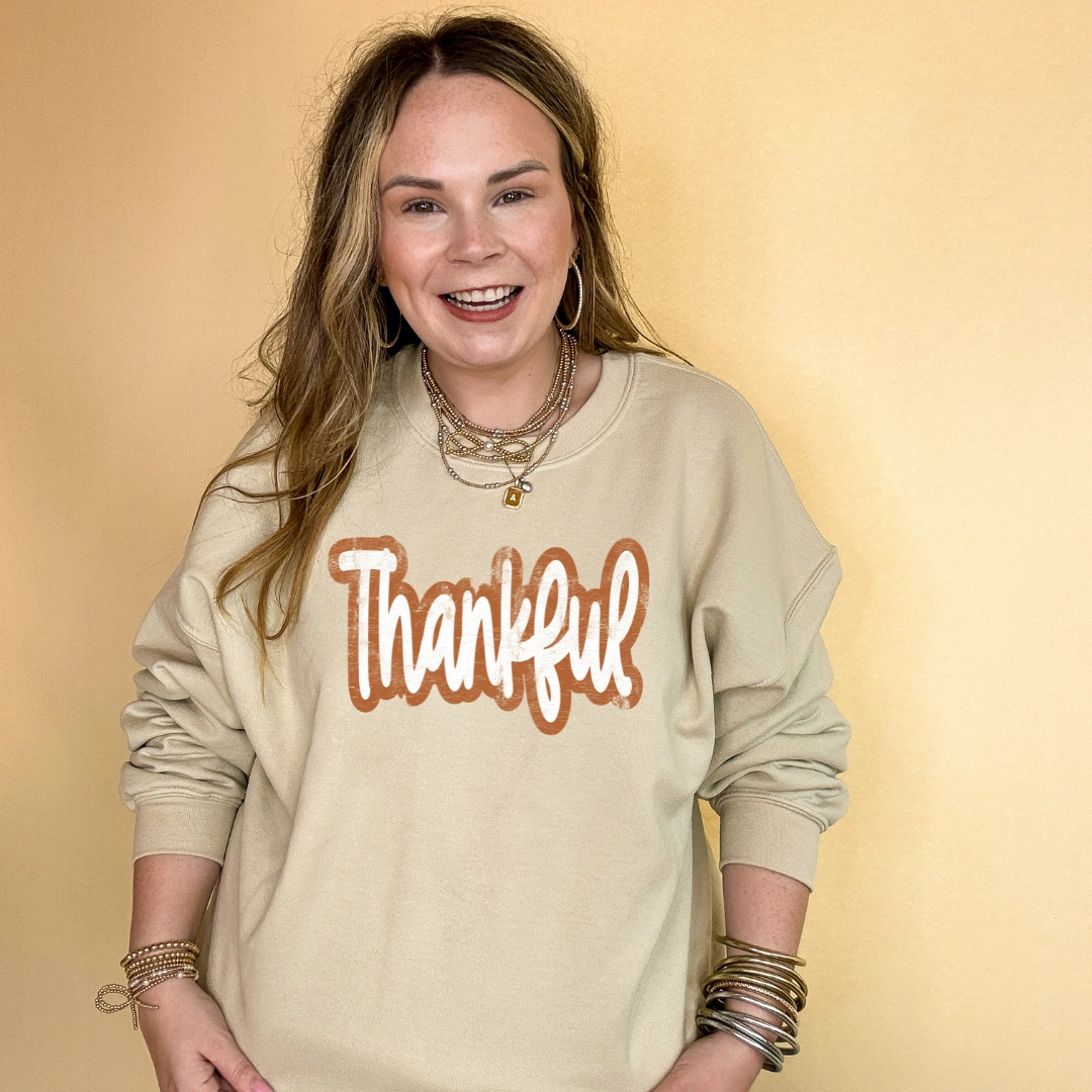 Online Exclusive | Thankful Script Graphic Sweatshirt in Multiple Color Options Sleek Design Fit Minimal Layers
