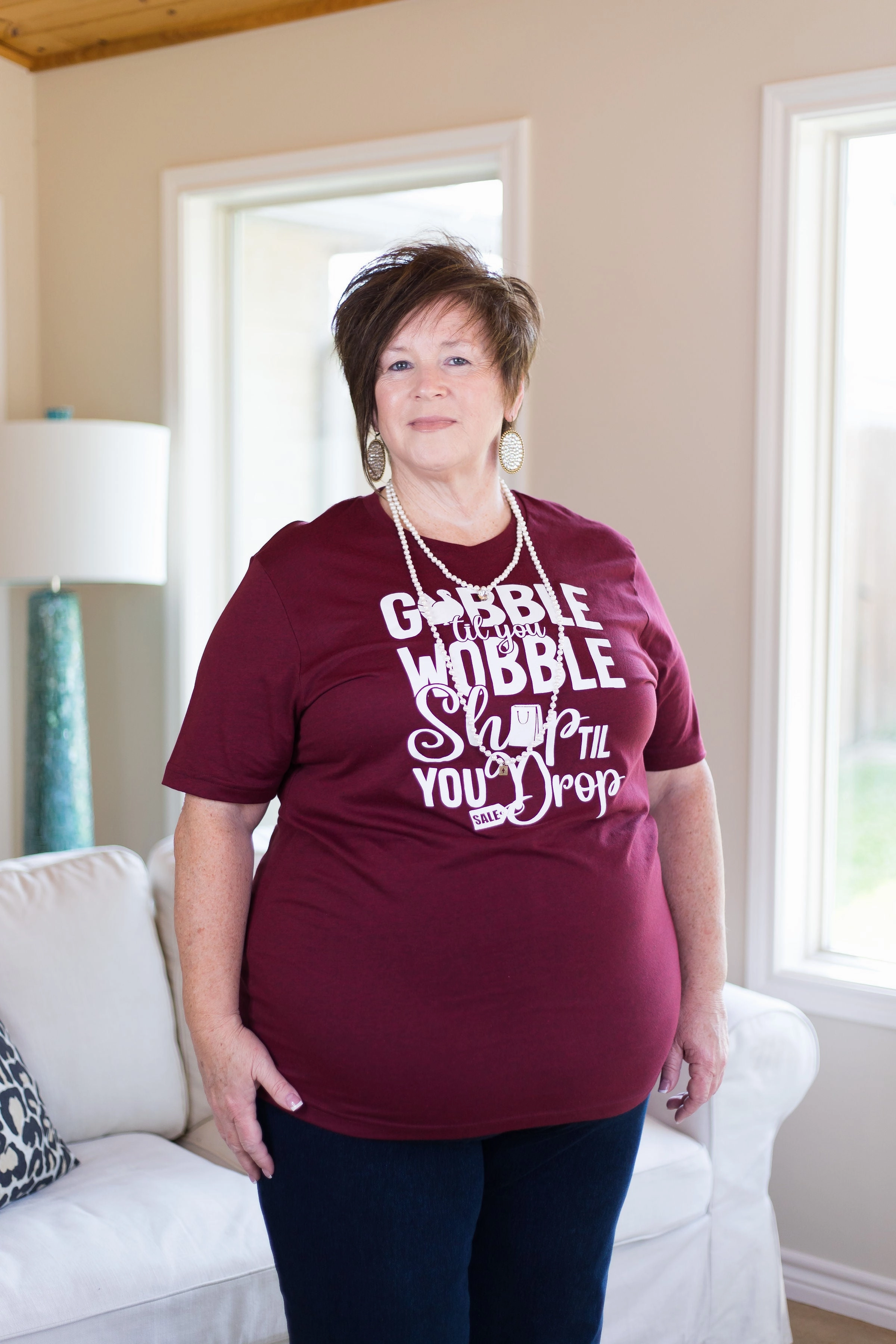 Elegant Anti-pilling Last Chance Size Small | Gobble Til You Wobble Shop Til You Drop Short Sleeve Tee Shirt in Maroon