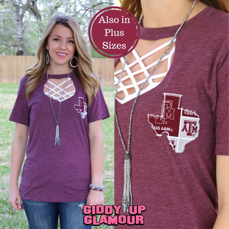 Soft Touch Gym workout Go Texas A&M Aggies Short Sleeve Tee with Keyhole Cut Out in Heather Maroon