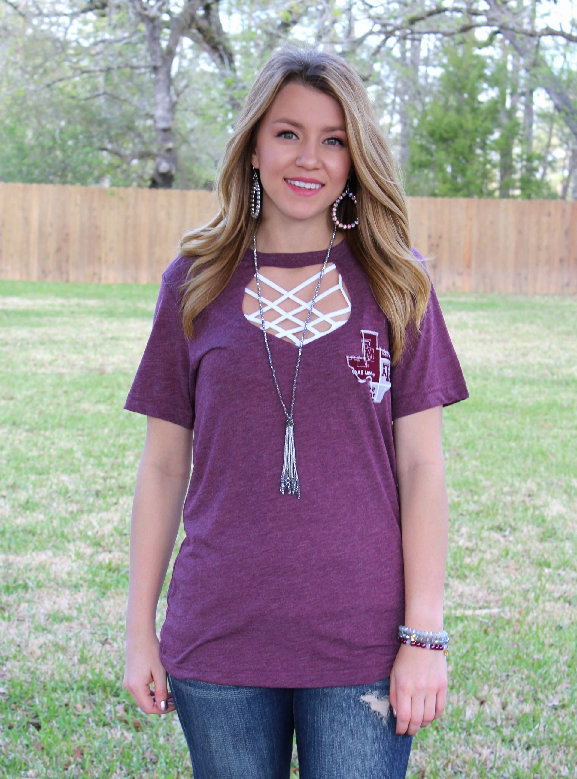 High Density Weave Go Texas A&M Aggies Short Sleeve Tee with Keyhole Cut Out in Heather Maroon