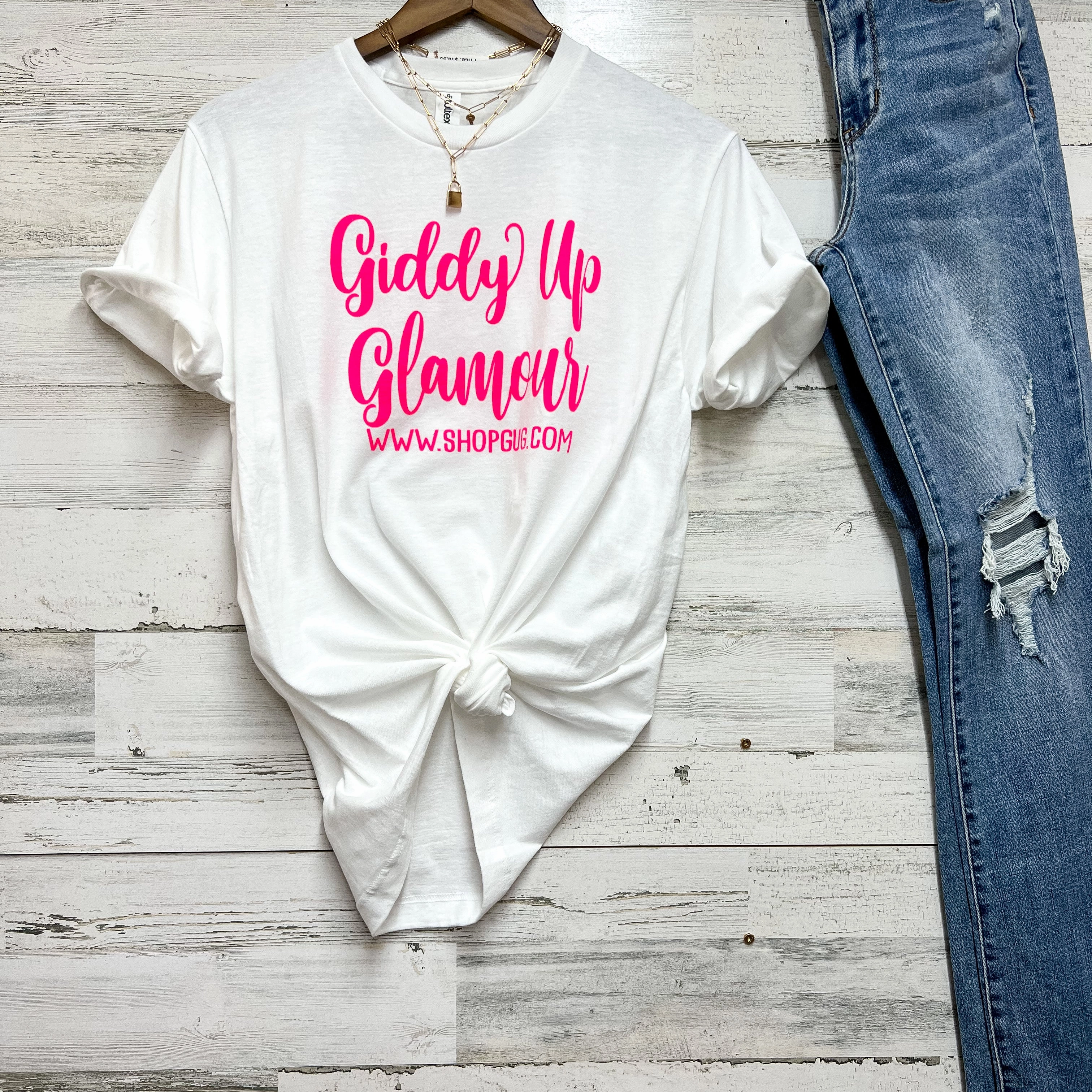 Black Friday Free Gift | Giddy Up Glamour Pink Graphic Logo Tee in White PillingResistant Fresh Ease
