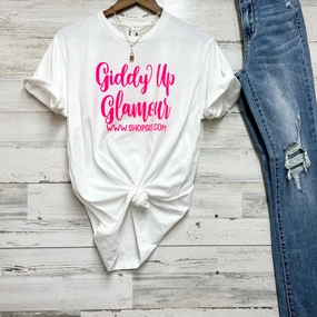 Black Friday Free Gift | Giddy Up Glamour Pink Graphic Logo Tee in White Cozy Vibe
