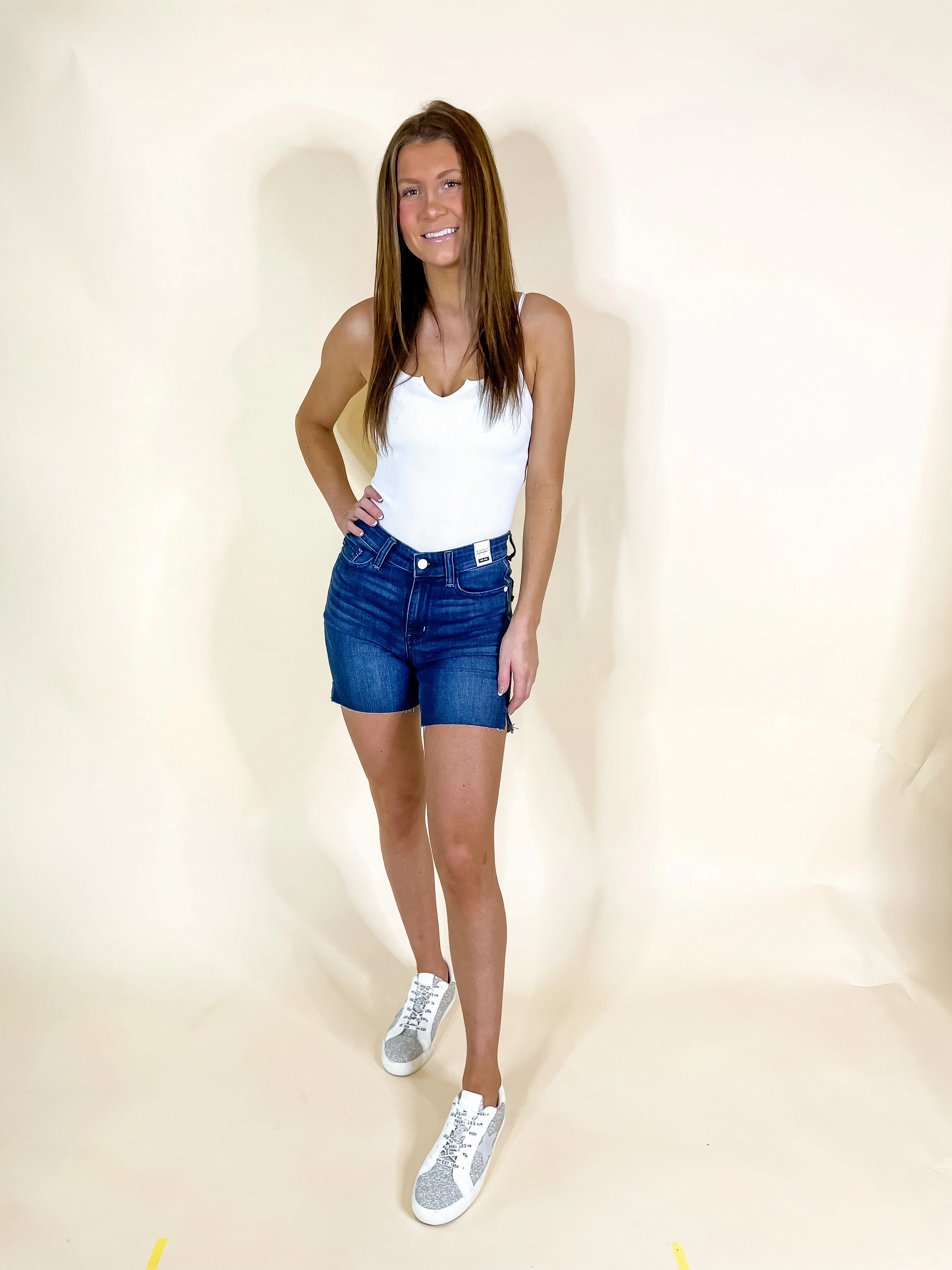 Judy Blue | Claim To Love Mid Thigh Cut Off Shorts in Dark Wash EcoFriendly Textiles Relaxed Look