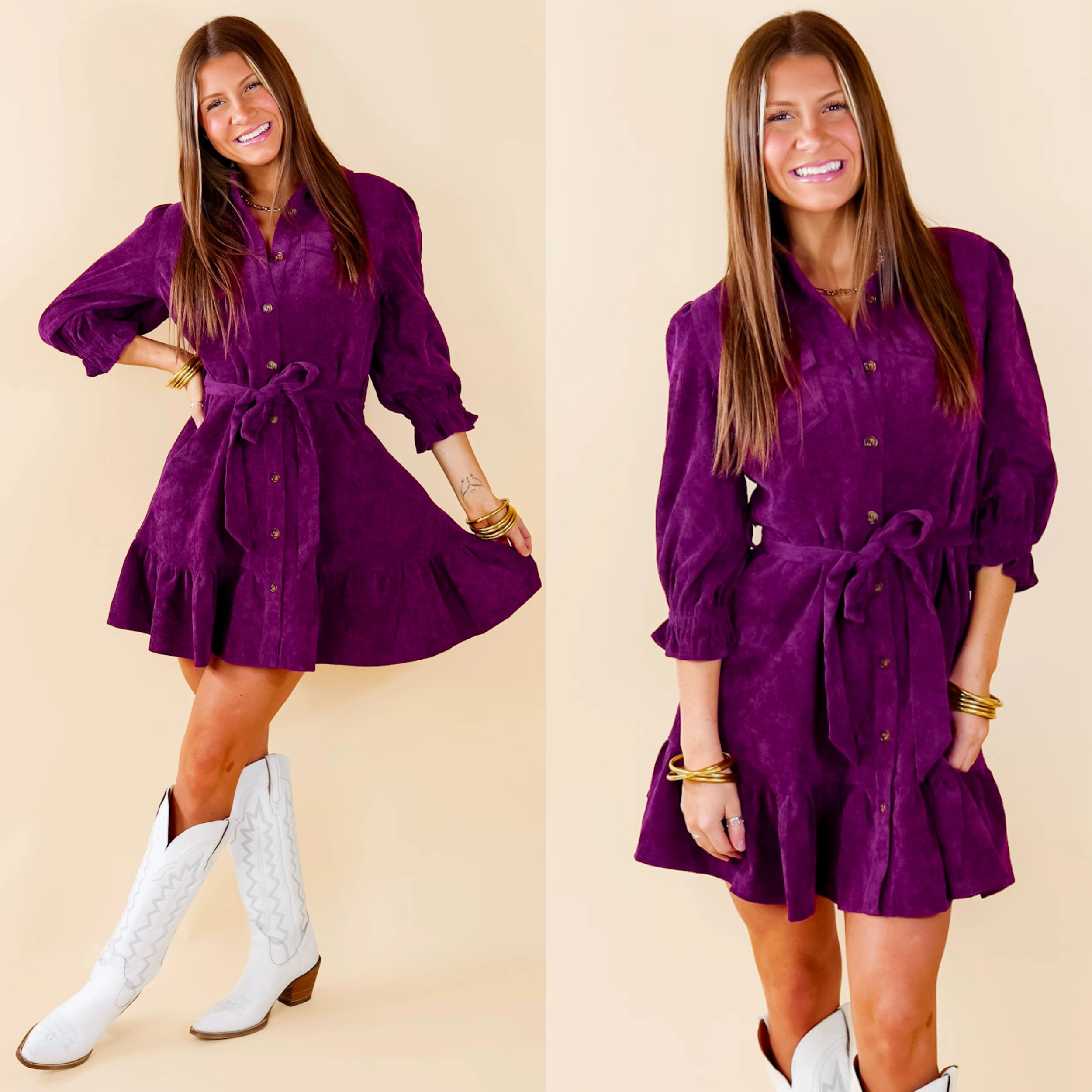 Bright Colors Work Fitwear Cinnamon Lane Button Up Corduroy Dress with Waist Tie in Violet Purple