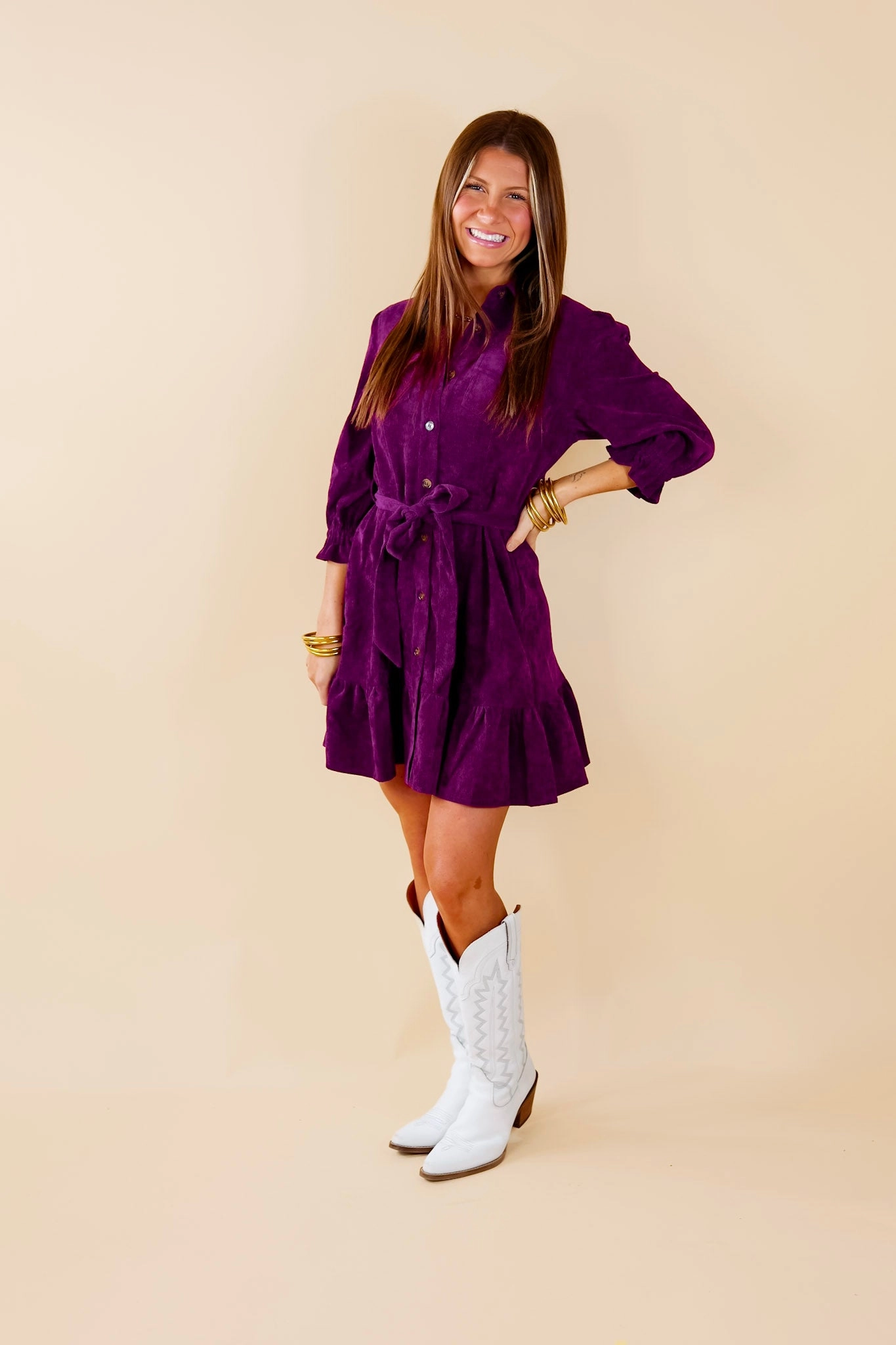 Cinnamon Lane Button Up Corduroy Dress with Waist Tie in Violet Purple All-Day Fit