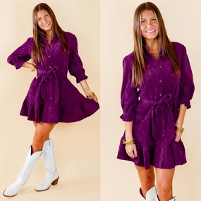 Cinnamon Lane Button Up Corduroy Dress with Waist Tie in Violet Purple Athletic Apparel