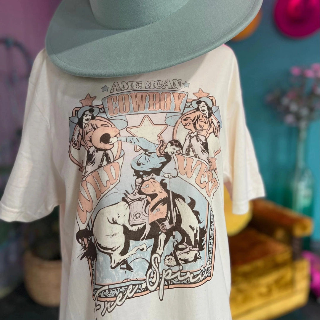 Online Exclusive | American Cowboy Wild West Graphic Tee in Cream Activewear MoistureWicking Technology