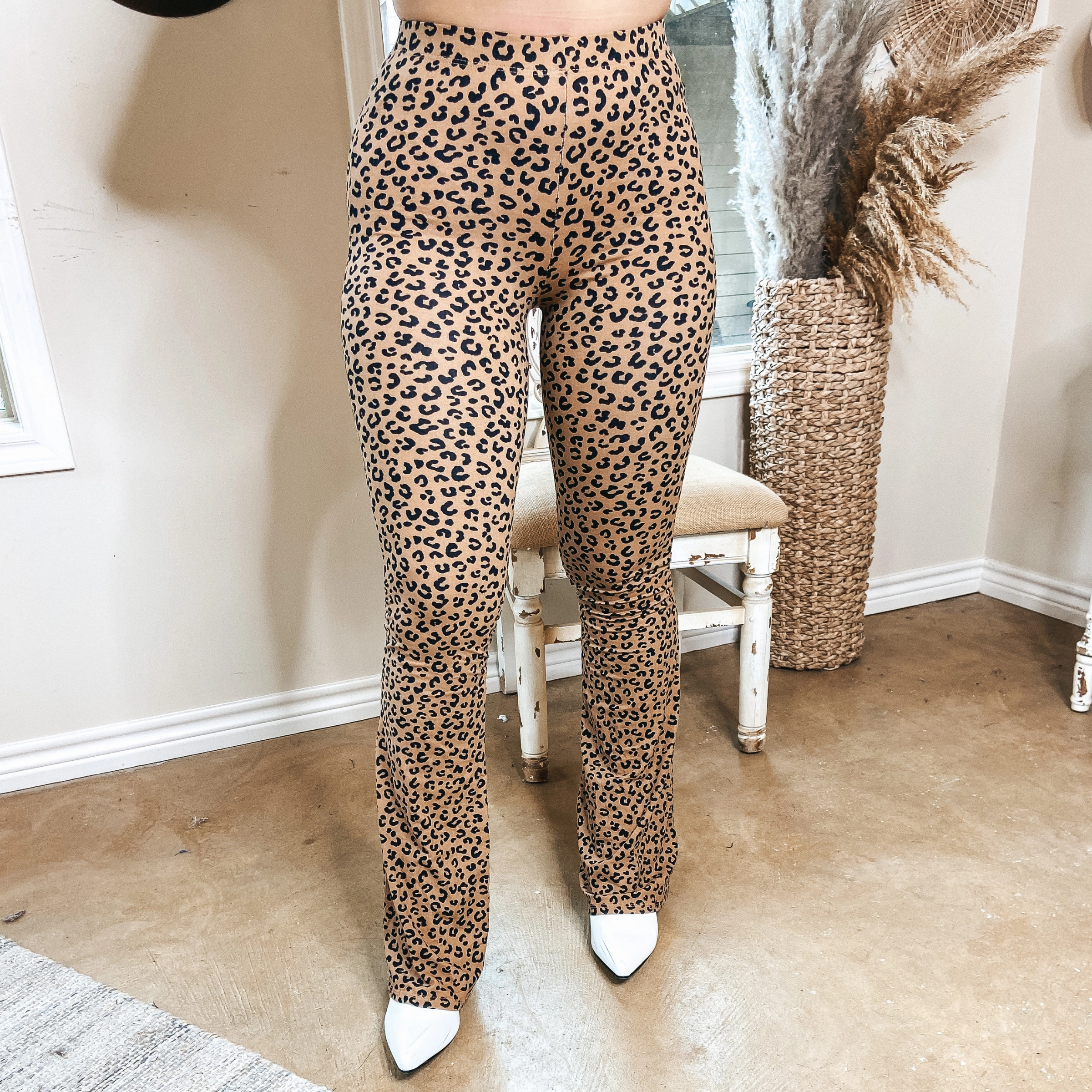 Last Chance Size Small & Medium | Romance Awaits Stretchy Flare Bell Bottom Pants in Leopard Print StaticFree Lining Boho Free