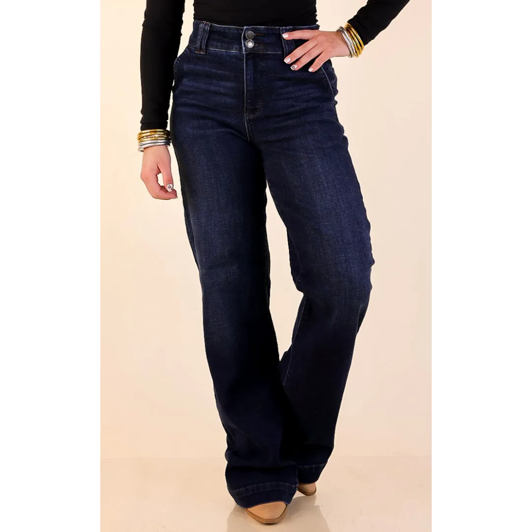 Judy Blue | Set the Standard Double Button Fly Wide Leg Trouser Jean in Dark Wash Hope Fit