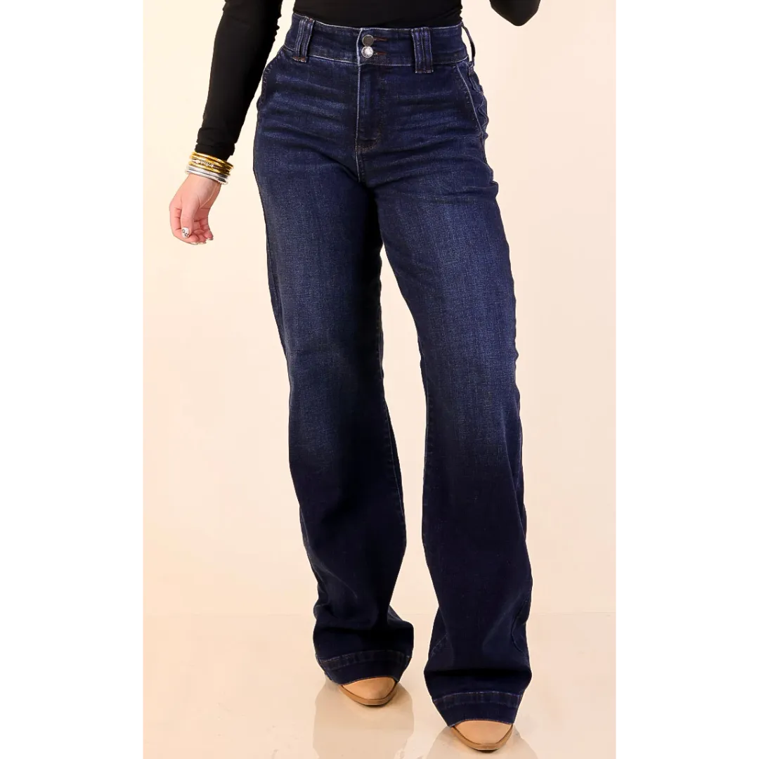 Judy Blue | Set the Standard Double Button Fly Wide Leg Trouser Jean in Dark Wash Relaxed Blouse CompressionKnit