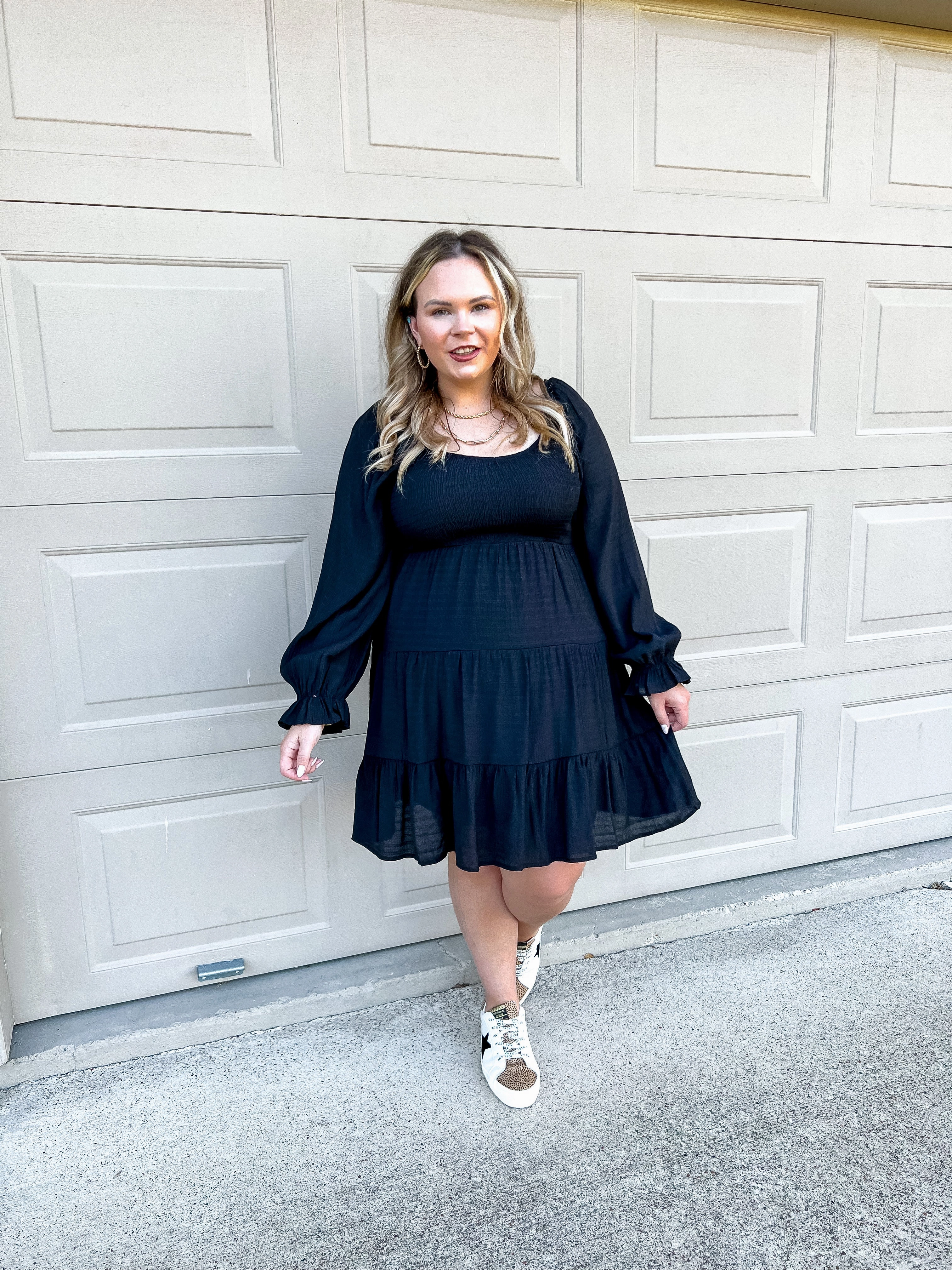 DoubleLayered Structure Day Cafe Smocked Bodice Long Sleeve Tiered Dress in Black