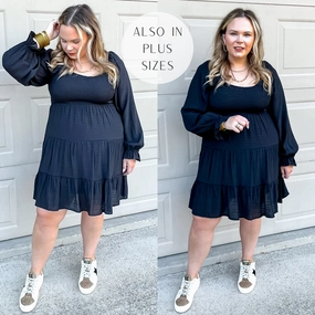 Day Cafe Smocked Bodice Long Sleeve Tiered Dress in Black QuickReleaseFastenings WaterRepellent Finish