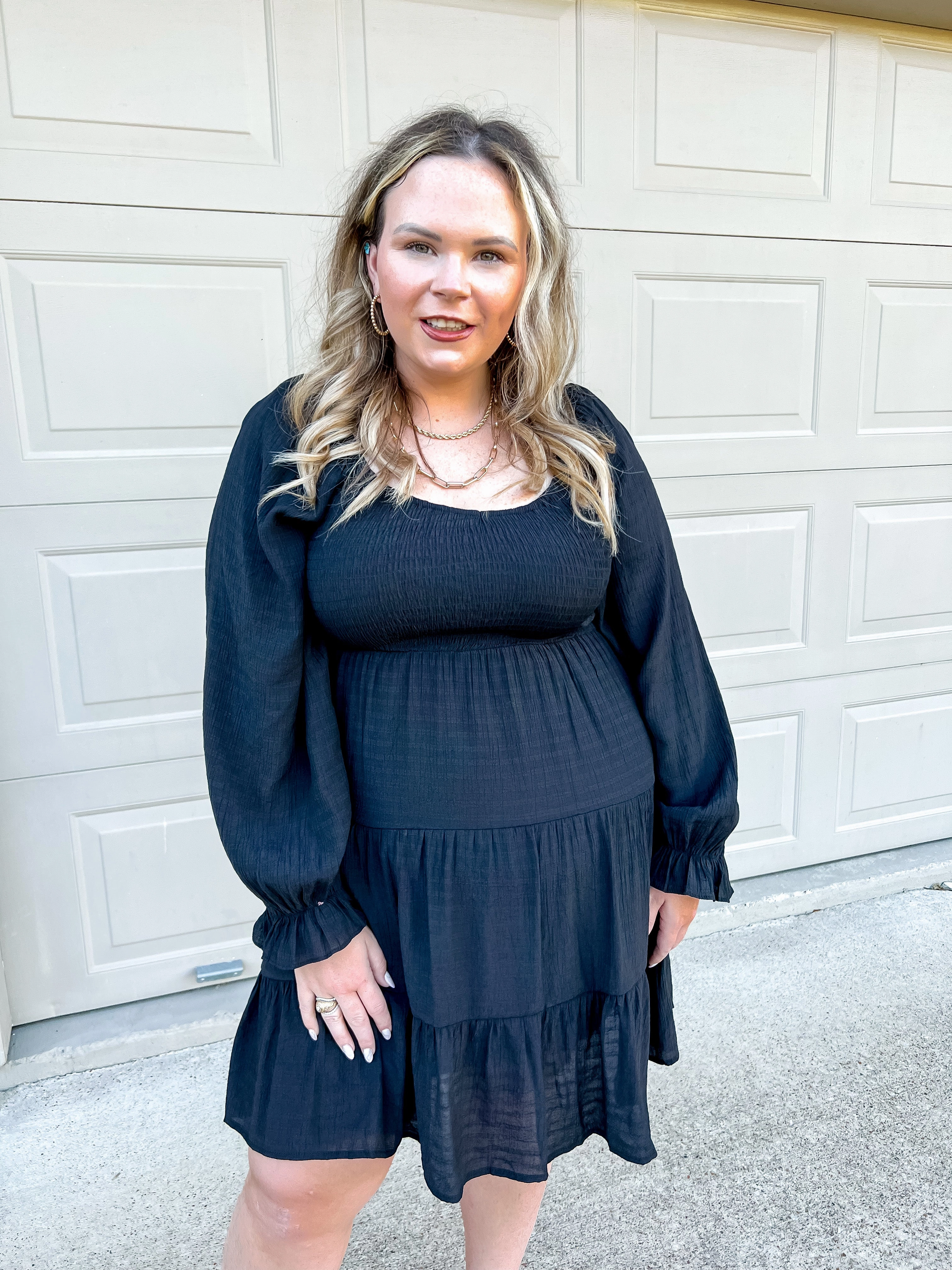 Day Cafe Smocked Bodice Long Sleeve Tiered Dress in Black Wrinklefree