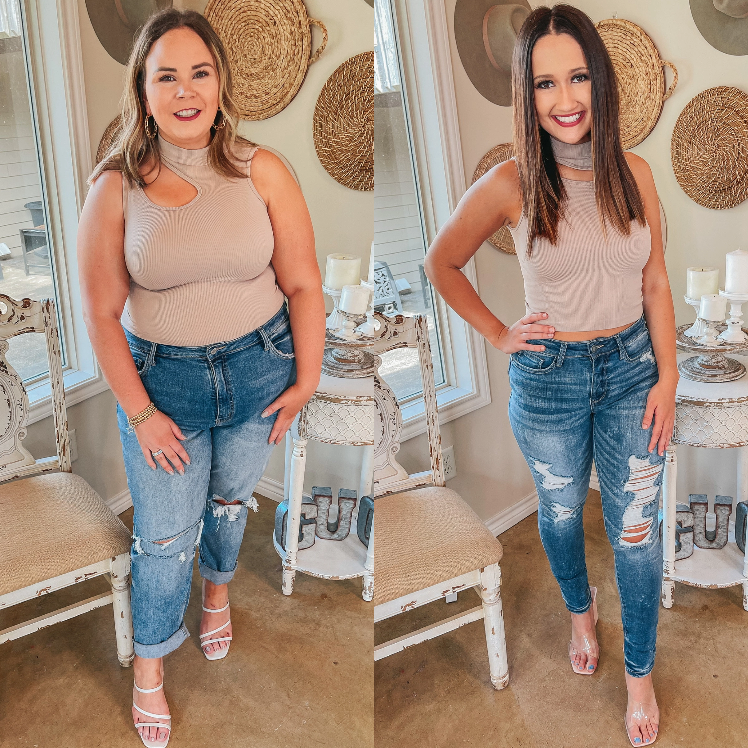 All The Drama Mockneck Cut Out Crop Tank Top in Taupe WrinkleFree Finish